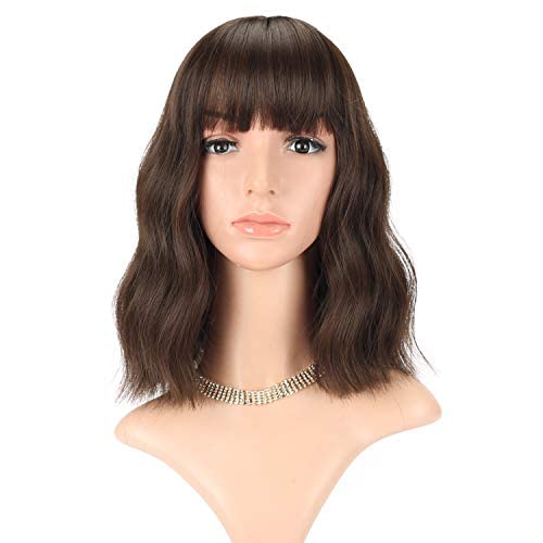 FAELBATY Short Brown Wigs with Bangs - Shoulder Length Synthetic Curly Wavy Wig for Women & Girls - Natural Black Dark Brown Mix (12