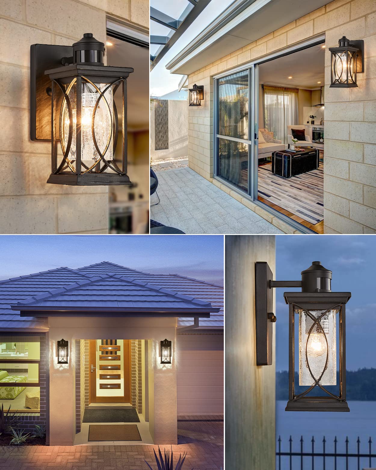 Motion Sensor Outdoor Wall Light with Dimmable LED Bulb - Black Modern Dusk to Dawn Exterior Porch Light Fixture with Cracked Glass Coach Lantern Design for House, Garage, Patio & Backyard Security Lighting
