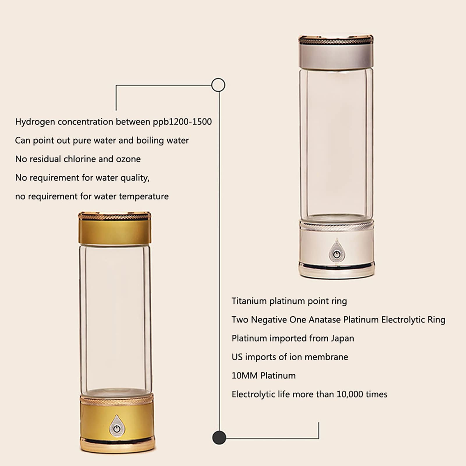 Portable Hydrogen Water Bottle - Alkaline Water Generator & Ionizer with 1200-1500PPB Hydrogen, USB Rechargeable, 380ML (Beige) | Perfect for Travel, Gym & Daily Hydration