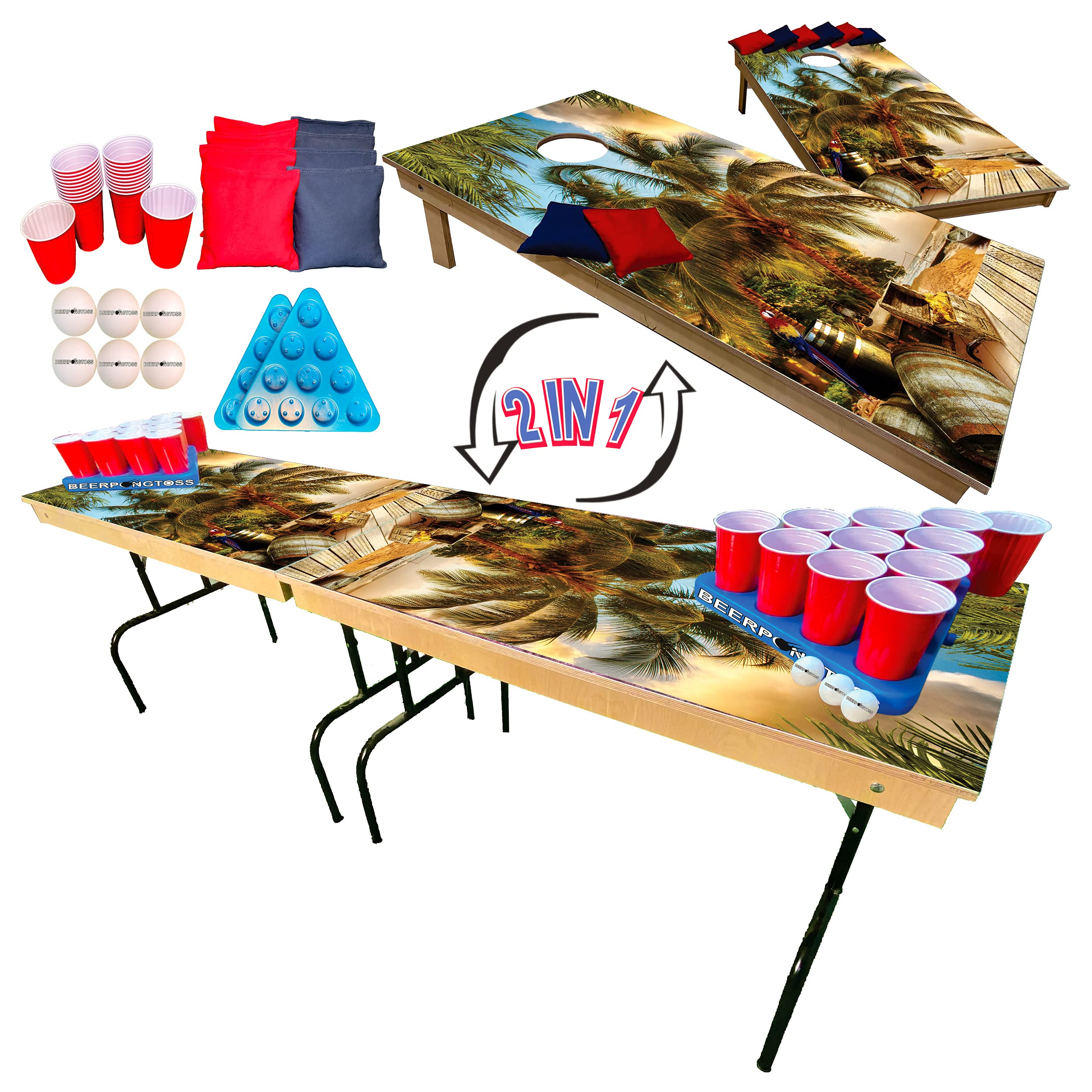 2-in-1 Cornhole & Tailgate Pong Table - Tropical Pirate Ship Design - 8ft Portable Game Set for College Parties, Backyard BBQs & Tailgating - Includes Cornhole Boards (4x2ft), 8 Bags, 22 Cups, 6 Balls & 2 Racks - Perfect for Outdoor Games, Beach Events & Family Gatherings