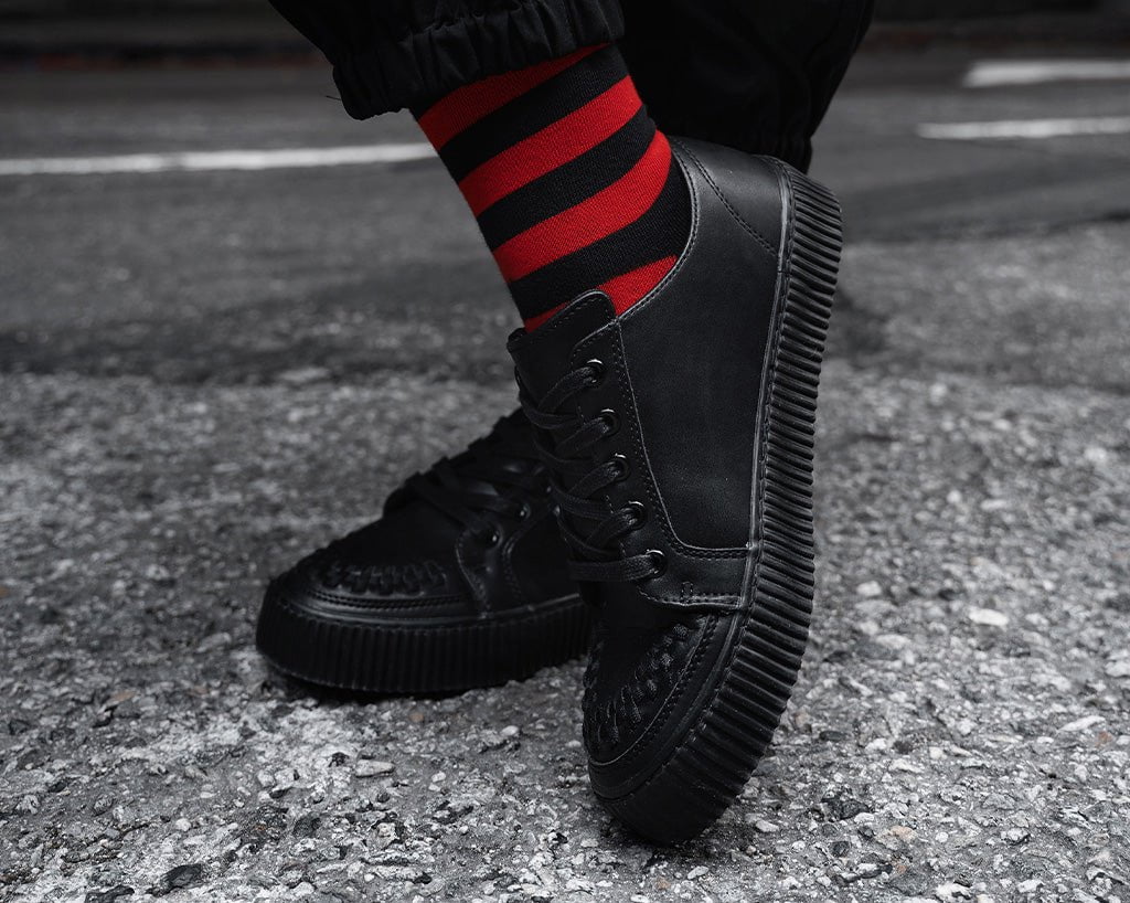Black Leather Lace Up Creeper Sneakers for Men & Women - Vintage Punk Goth Style Shoes for Casual Wear & Street Fashion