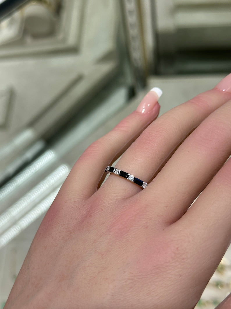 0.58tcw 14K White Gold Natural Deep Blue Baguette Cut Sapphire & Diamond Band Ring for Women - Elegant Wedding, Engagement, Anniversary Jewelry Gift