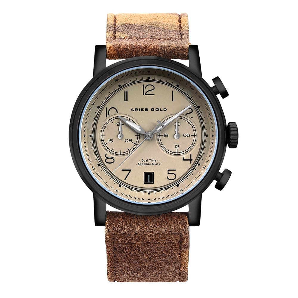 ARIES GOLD Urban Journey Black Stainless Steel Men's Watch with Khaki Camo Brown Leather Strap - Perfect for Outdoor Adventures & Casual Wear