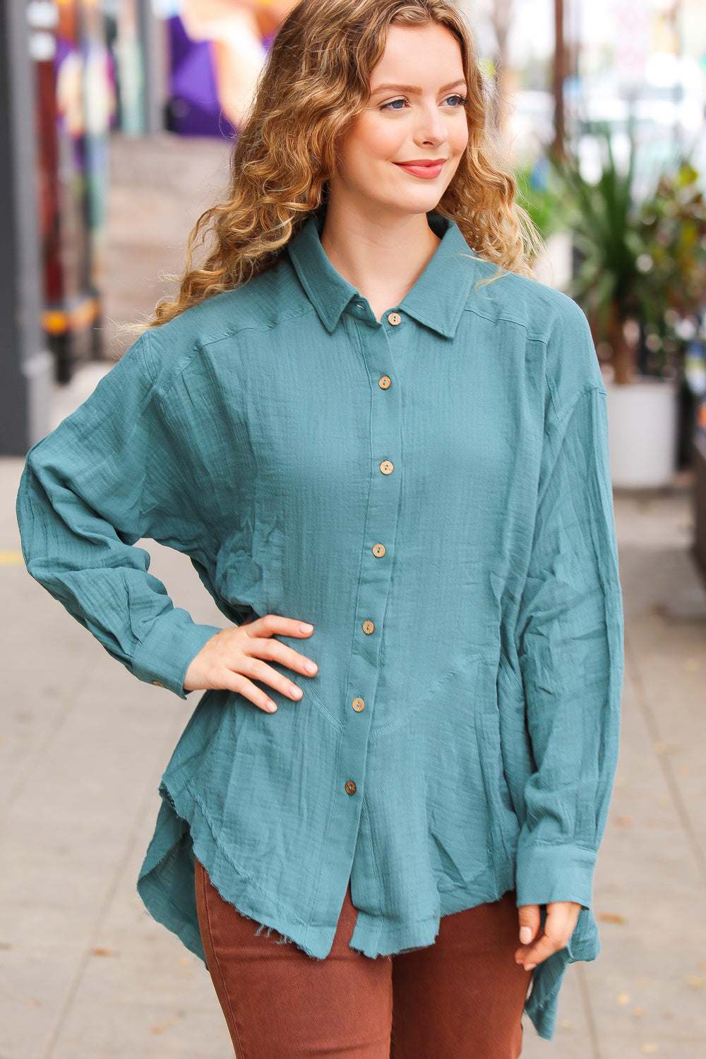 Stylish Teal Button Down Sharkbite Cotton Tunic Top for Women | Comfortable Casual & Office Wear | Perfect for Everyday Outfits and Professional Looks