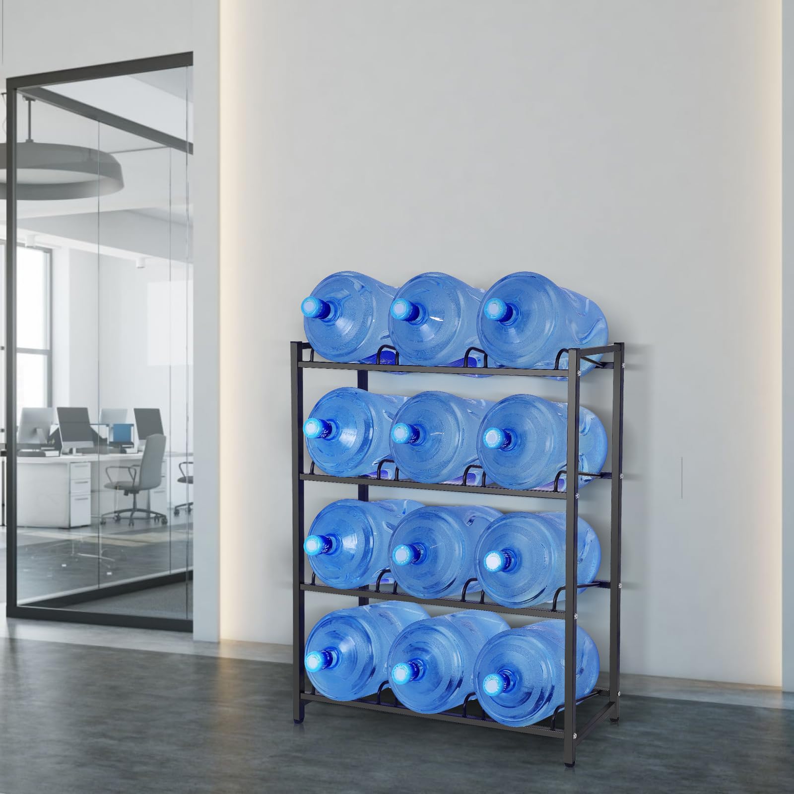 Heavy Duty 4-Tier 5 Gallon Water Jug Holder - Sturdy Storage Rack for 12 Bottles Without Wobbling - Upgraded Thickened Design for Home, Office, Kitchen, Warehouse & Garage (Black) - Perfect for Water Bottle Organization in Pantries, Break Rooms and Emergency Preparedness