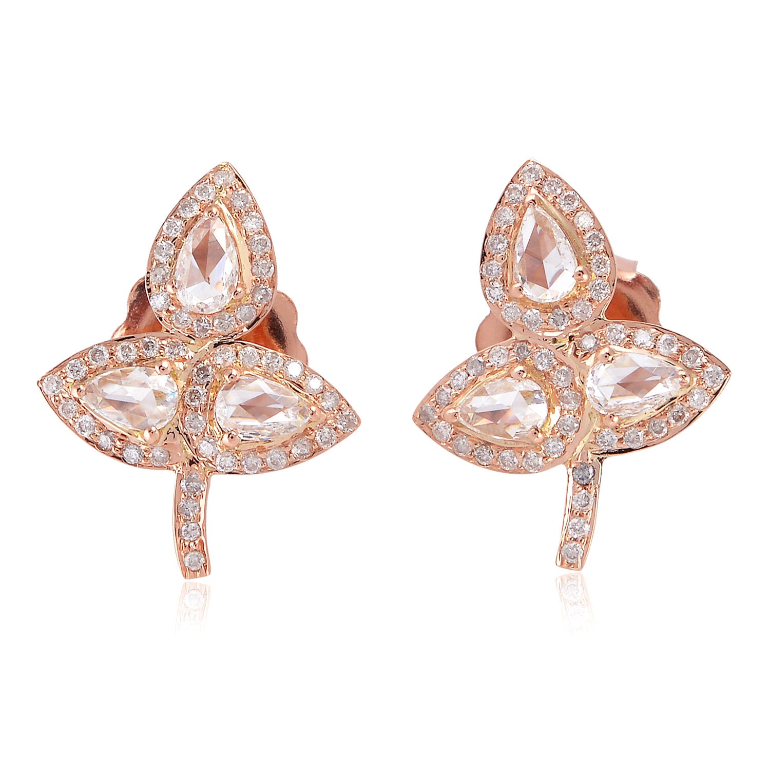 18K Rose Gold Leaf Stud Earrings with Rose Cut Diamond - Elegant Dainty Jewelry for Women, Perfect for Weddings, Anniversaries & Everyday Wear