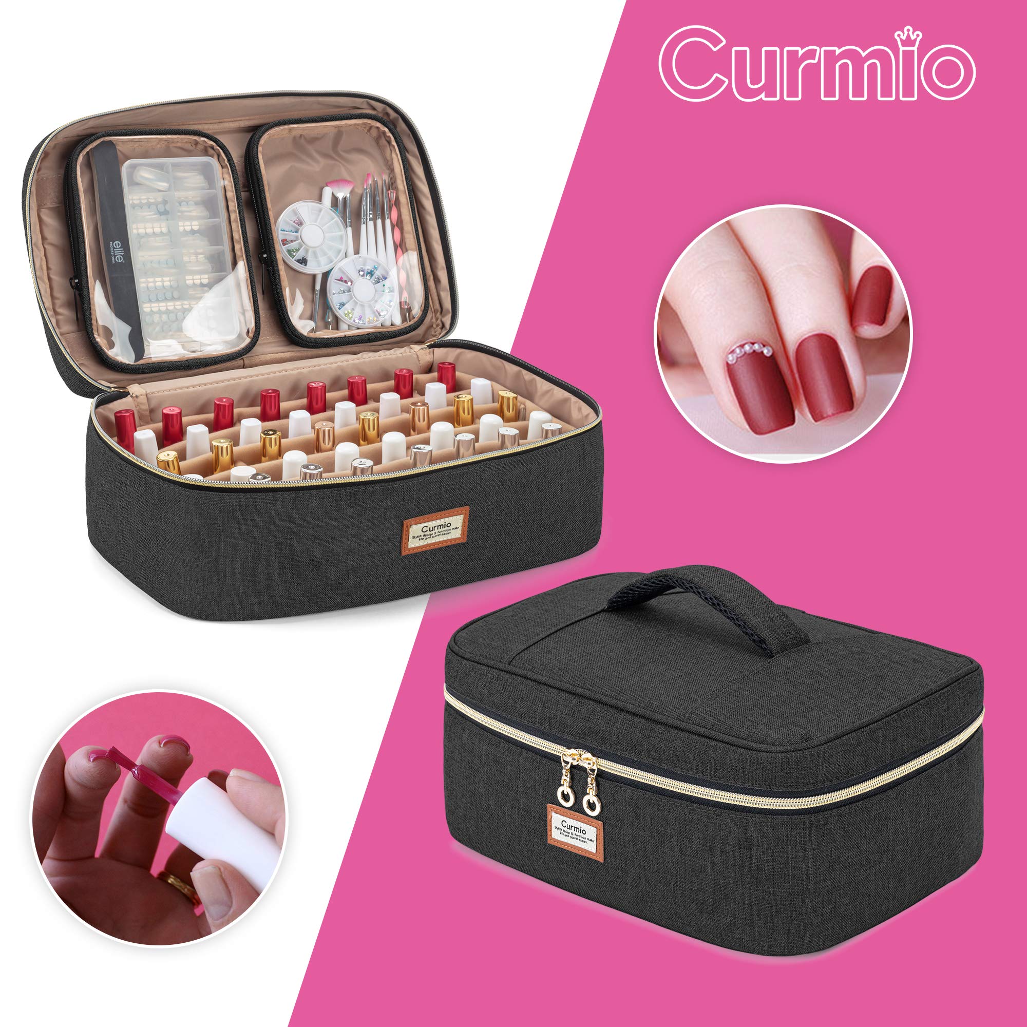 CURMIO 40 Bottle Nail Polish Organizer Travel Case - Portable Storage Bag for 15ml/0.5oz Nail Polishes with 2 Detachable Clear Pouches & Handle - Perfect for Salon Professionals, Travel & Home Organization (Black)