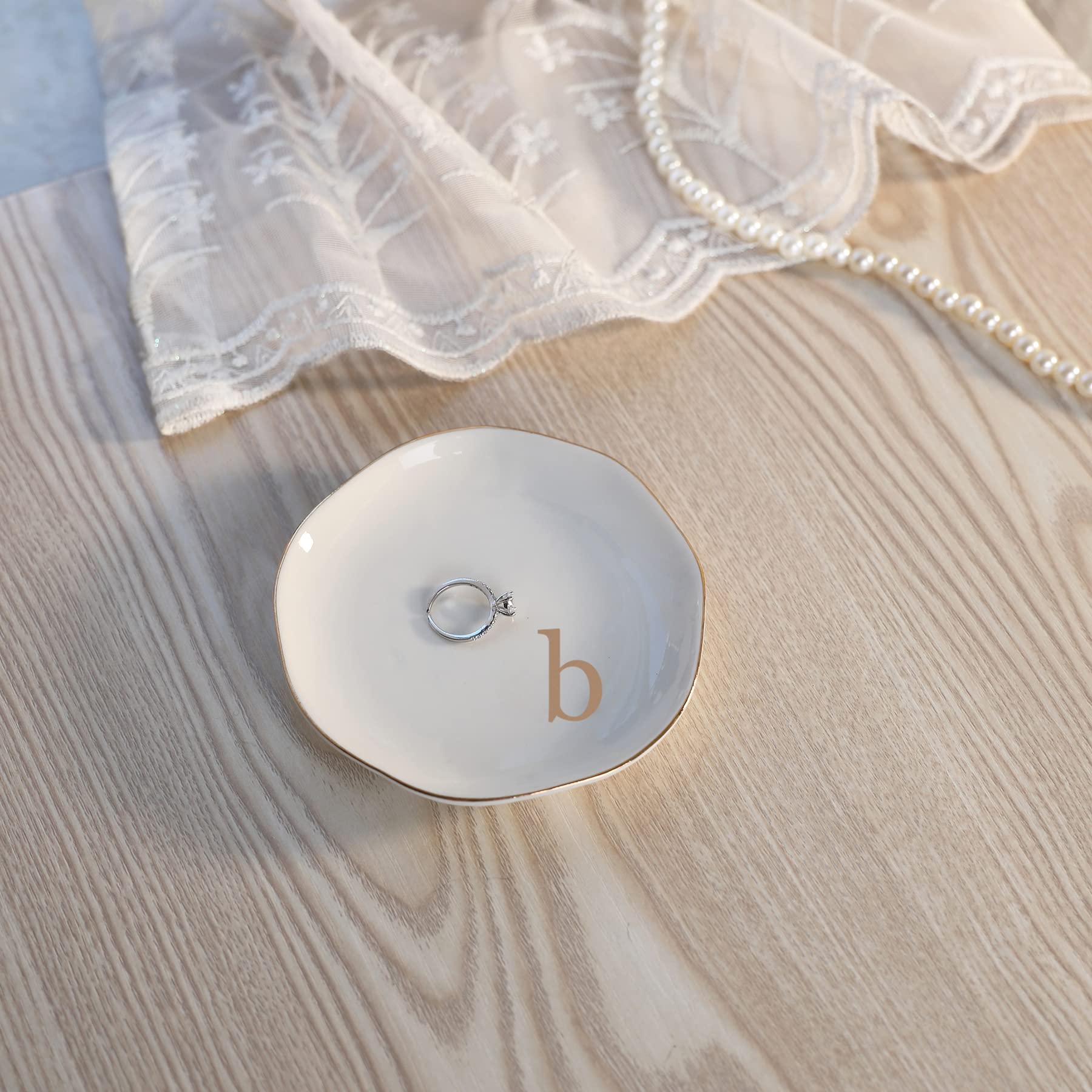 Personalized B-Monogrammed Ceramic Ring Dish - Initials Jewelry Tray for Engagement, Wedding, Birthday & Christmas Gifts - Perfect for Women, Friends & Sister - Elegant White Home Decor for Vanity, Dresser & Nightstand Organization