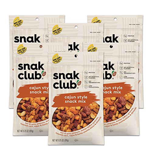 Snak Club All Natural Cajun Style Snack Mix - Peanuts, Corn, Sesame Sticks & Almonds - 6.75oz Pack of 6 | Healthy Individual Snacks for Lunch, School, Office & On-the-Go | Gluten-Free, Non-GMO Trail Mix for Work, Travel & Outdoor Activities