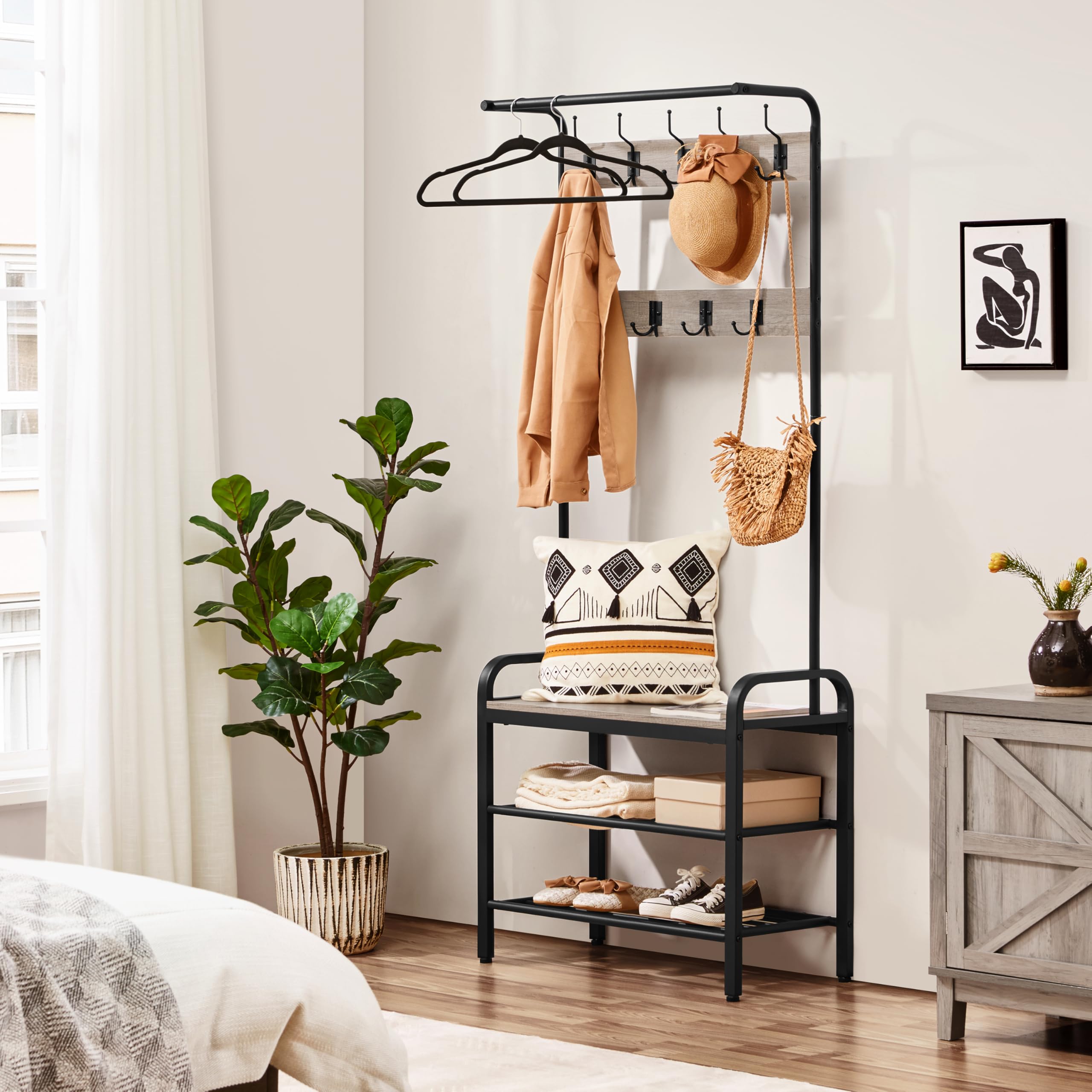 Yaheetech 4-in-1 Entryway Hall Tree with 23 Hooks - Coat Rack, Shoe Storage Bench & Organizer for Entryway, Living Room & Mudroom - Space Saving Gray Furniture for Home Organization