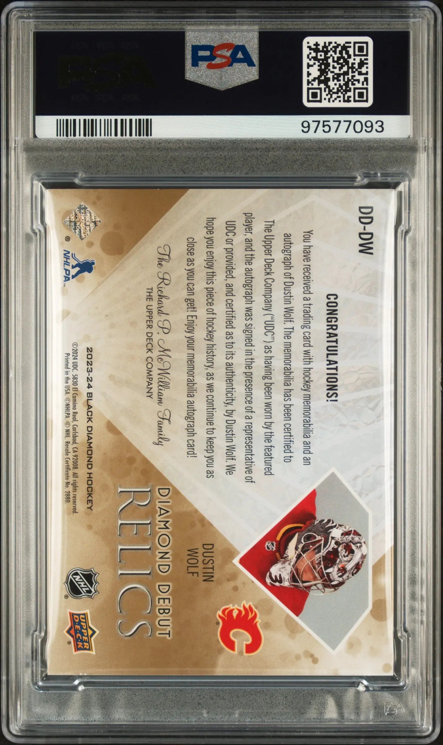 2023 Upper Deck Black Diamond Dustin Wolf Diamond Debut Relics Auto PSA 8 /49 - Rare Hockey Trading Card for Collectors & Sports Memorabilia Enthusiasts