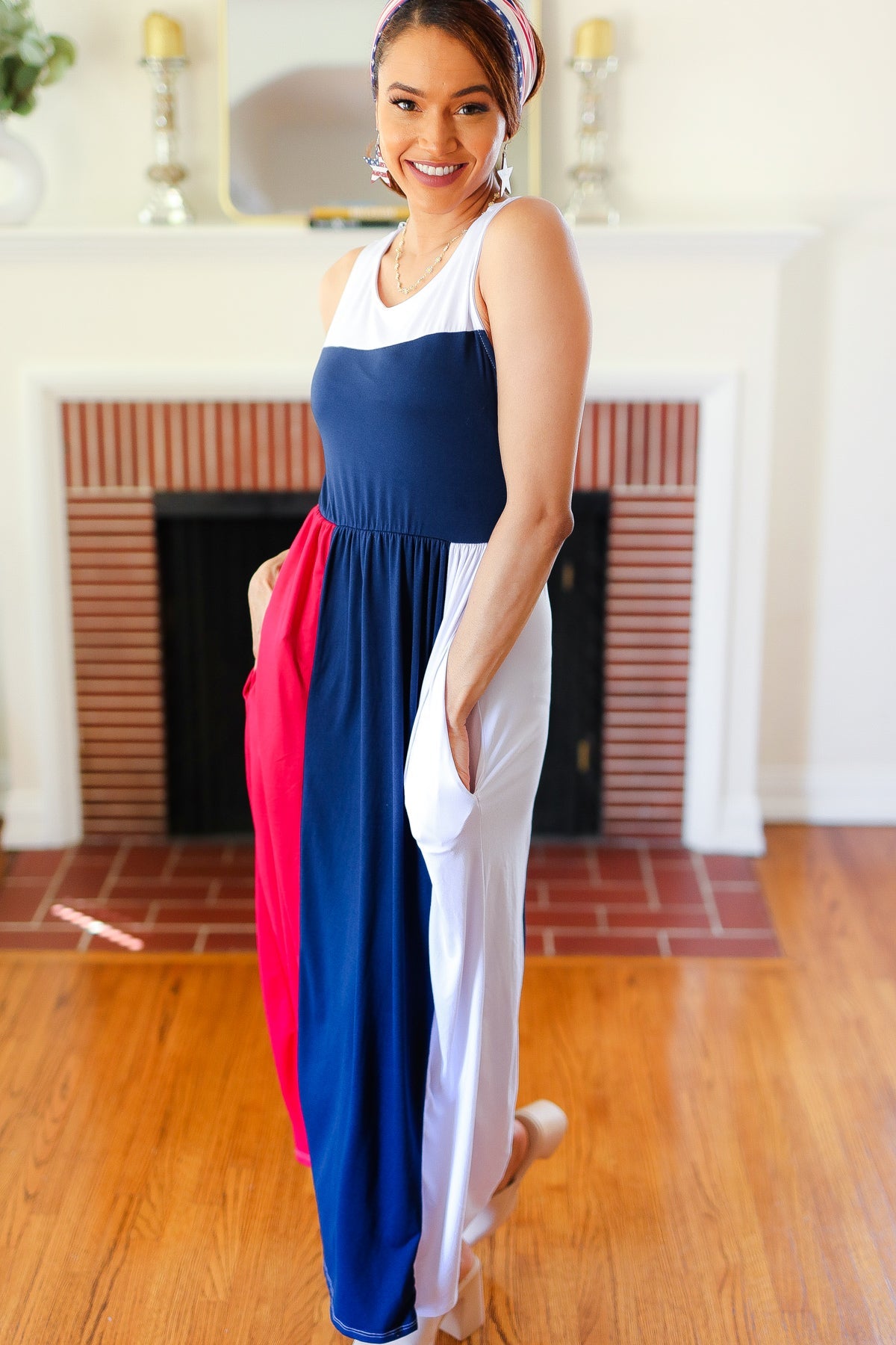 American Flag Color Block Fit & Flare Maxi Dress for Women - Perfect for 4th of July, Memorial Day & Patriotic Events