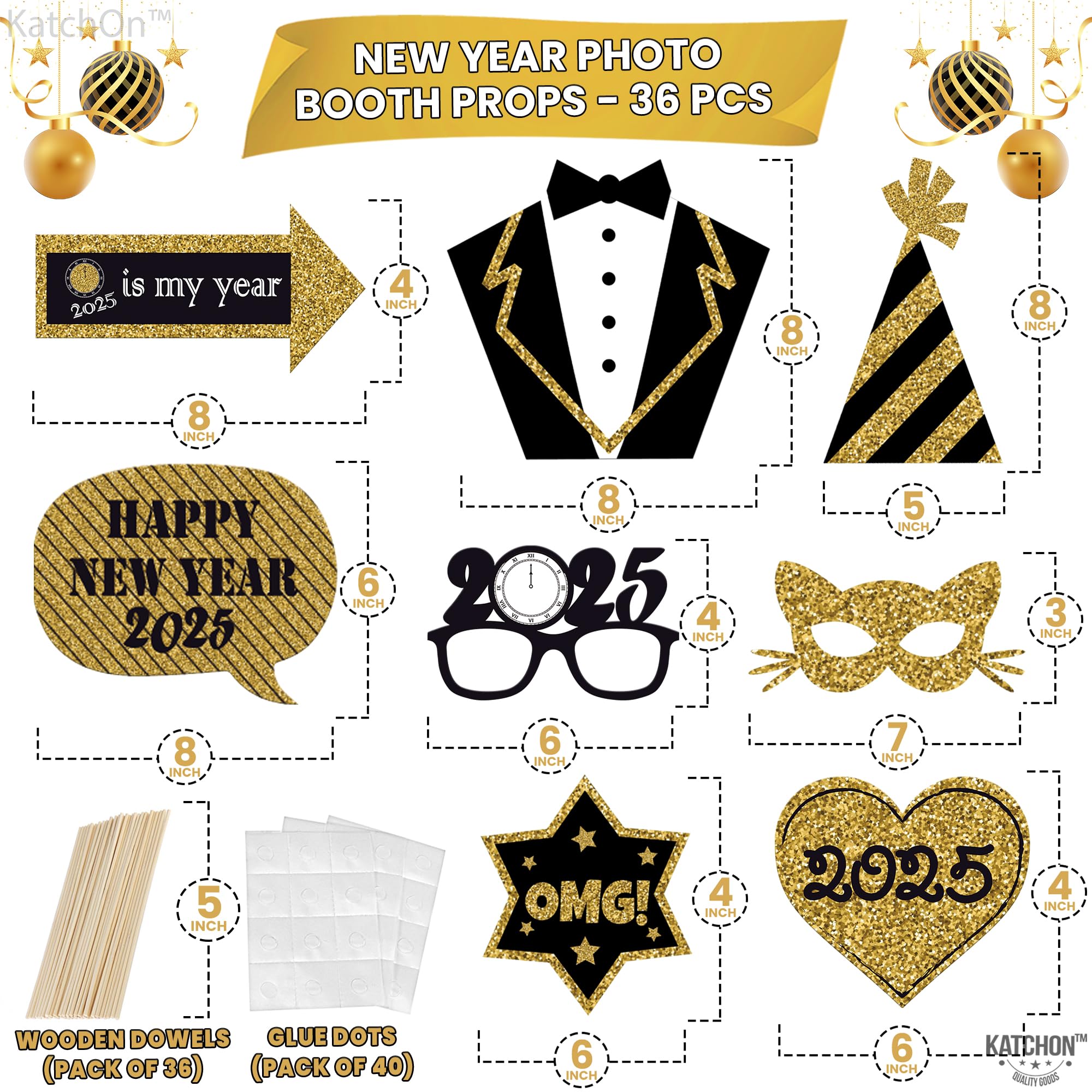 KatchOn 36-Pack Glitter NY Photo Booth Props for New Year's Eve 2025 | NYE Party Decorations, New Years Eve Party Supplies for Celebrations, Countdowns & Social Media Photos