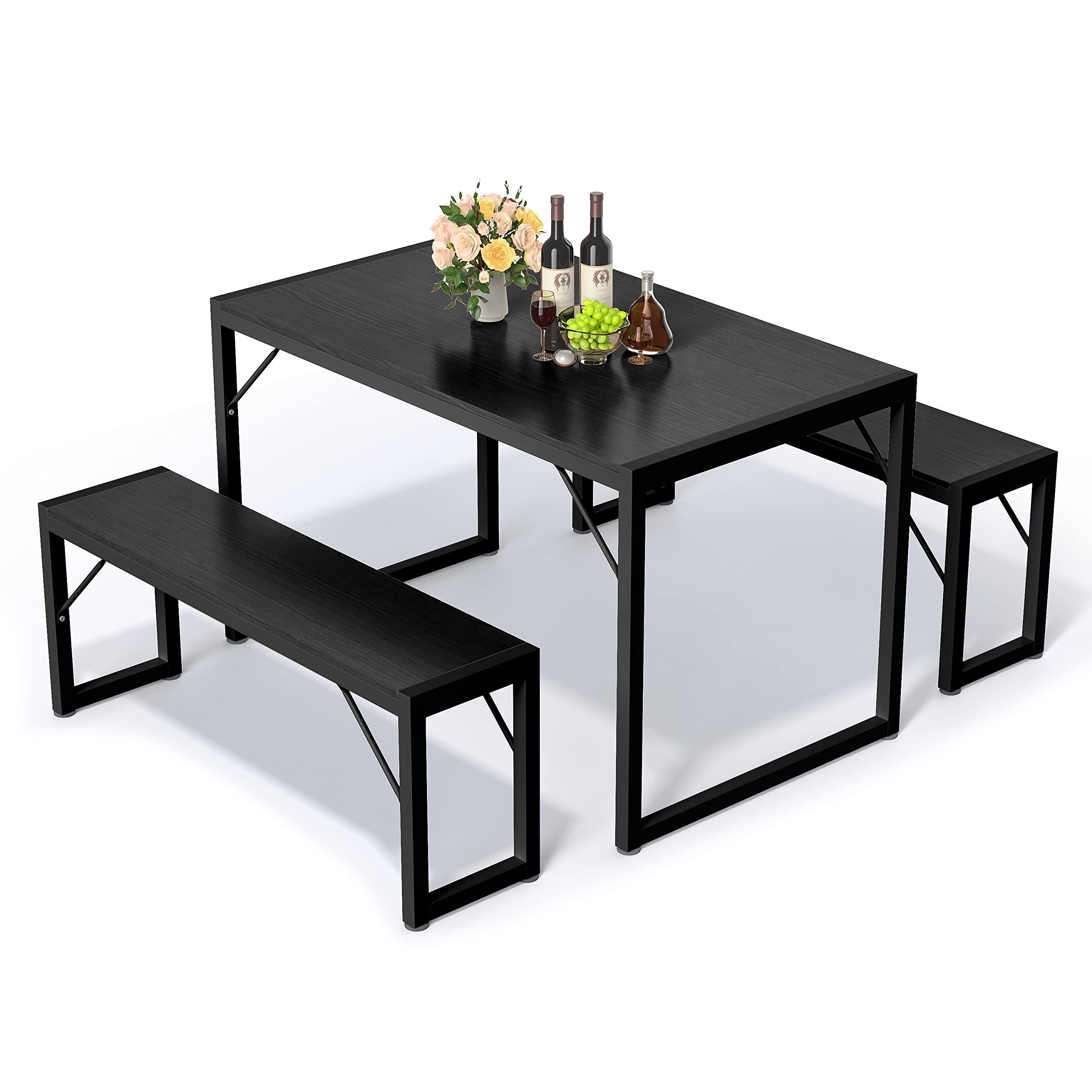 Bealife 45.5 Inch Modern 3-Piece Dining Table Set for 4 with 2 Benches - Black Metal Frame & MDF Board Kitchen Table - Space-Saving Sturdy Furniture for Small Dining Rooms, Apartments & Breakfast Nooks