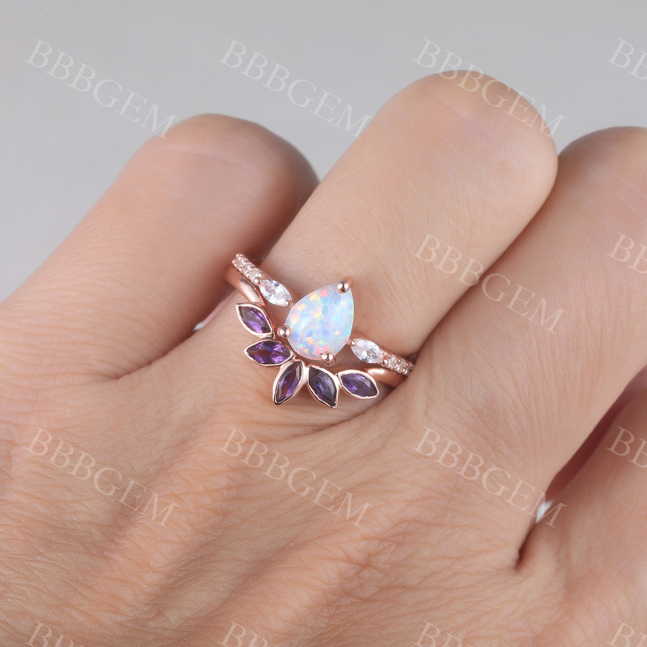 Pear Cut White Fire Opal & Amethyst Ring Set in 14K Rose Gold - Elegant Wedding Band, Anniversary Gift for Her, Perfect for Special Occasions