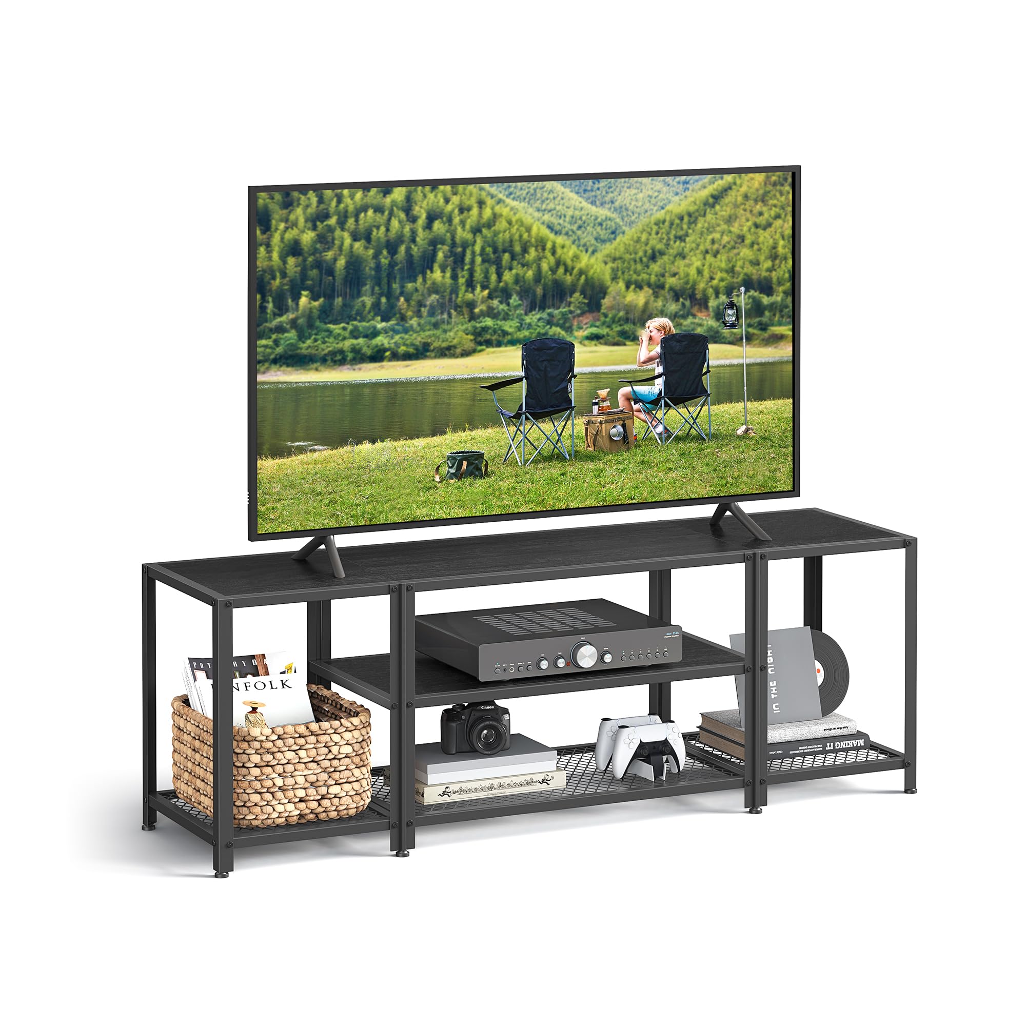 VASAGLE 65 Inch Modern TV Stand, 3-Tier Industrial Entertainment Center with Open Storage Shelves - Wood Grain Black TV Console Table for Living Room & Bedroom - Perfect for Home Theater Setup & Media Storage Organization