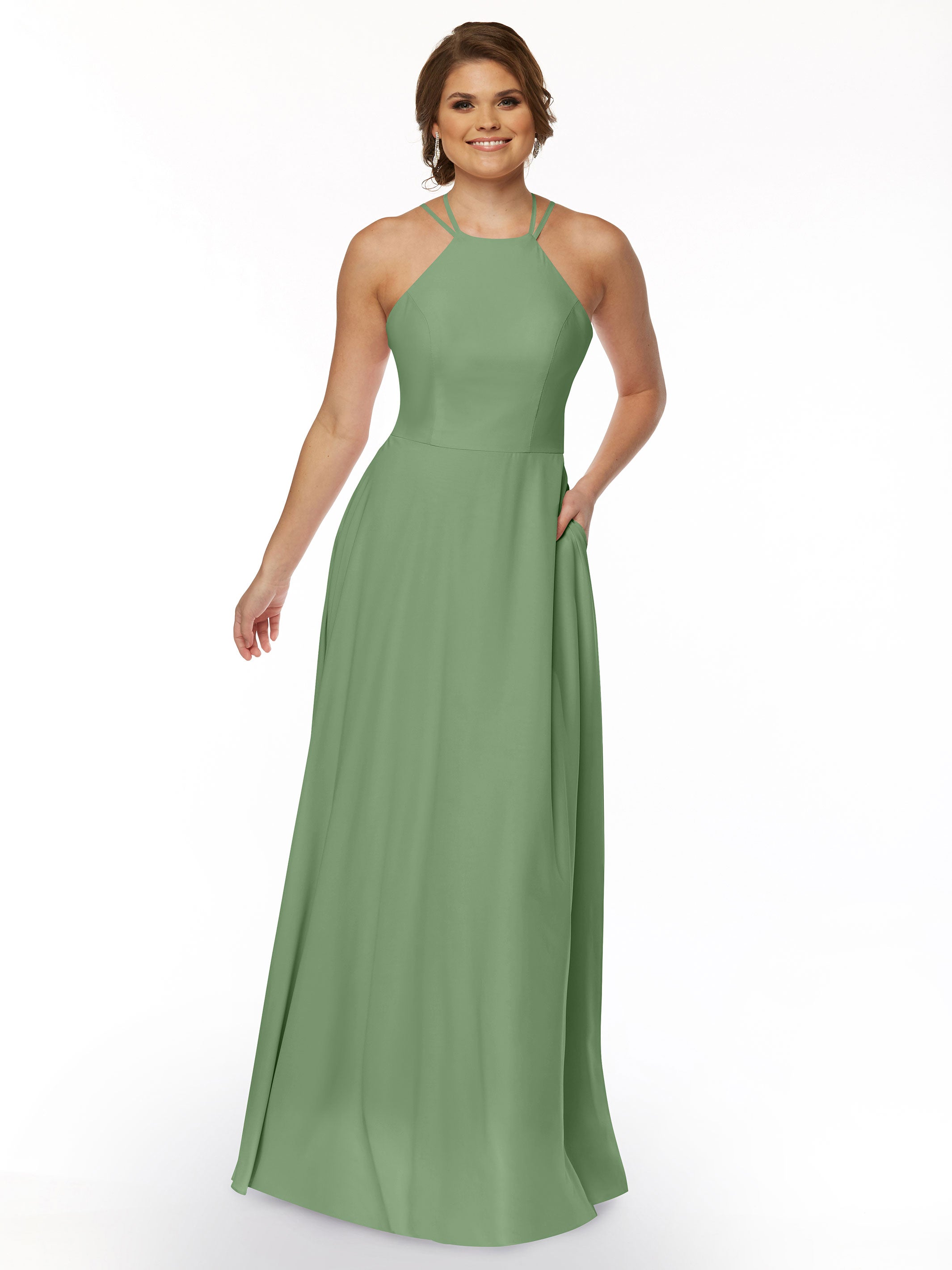 Elegant 83006 Stretch Chiffon A-Line Bridesmaid Dress with Halter Neckline - Perfect for Weddings, Formal Events & Special Occasions
