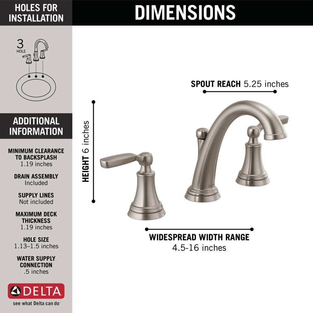 Delta Woodhurst Widespread Bathroom Faucet - Brushed Nickel Finish, 3-Hole Mount Bathroom Sink Faucet with Metal Drain Assembly (Model 3532LF-SS) - Perfect for Modern Bathroom Renovations and Luxury Home Upgrades