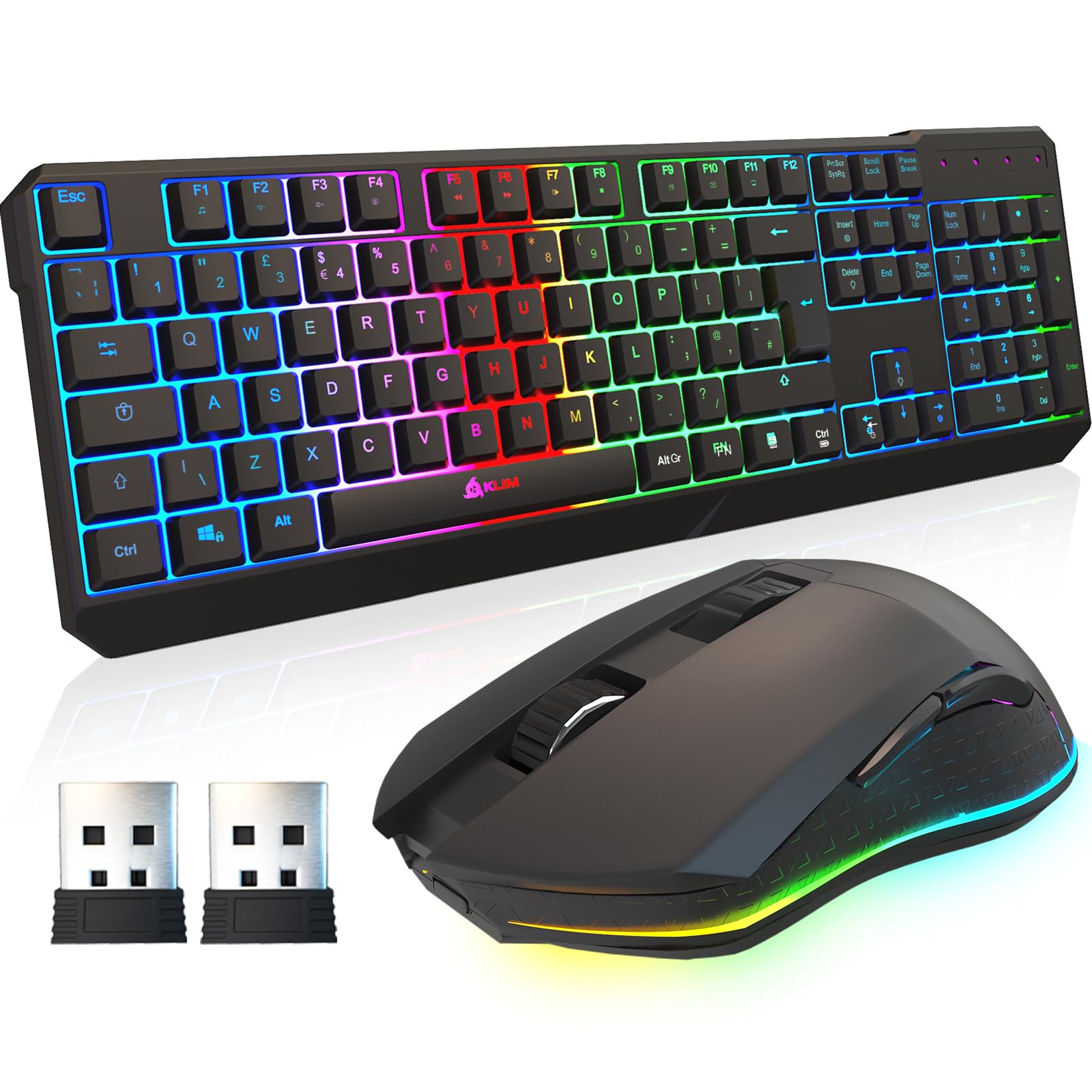 KLIM Blaze & Chroma Wireless Gaming Keyboard and Mouse Combo - RGB Backlit Mechanical Keyboard with Ergonomic Design & 10000 DPI RGB Gaming Mouse - Long Battery Life for PC, Mac, PS5, Xbox - Perfect for Gaming, Office Work and Streaming