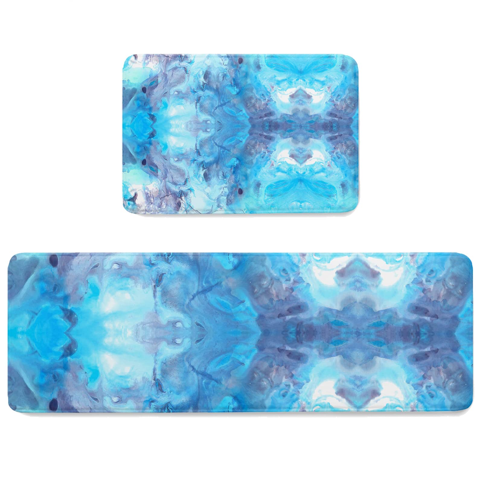 Non-Slip Kitchen Rugs and Mats Set - 2 Pcs Washable Cushioned Floor Mat for Sink Front, Bathroom & Entryway | Abstract Marble Ocean Aqua Blue Gradient Design | Modern Absorbent Doormat & Area Runner for Home Decor