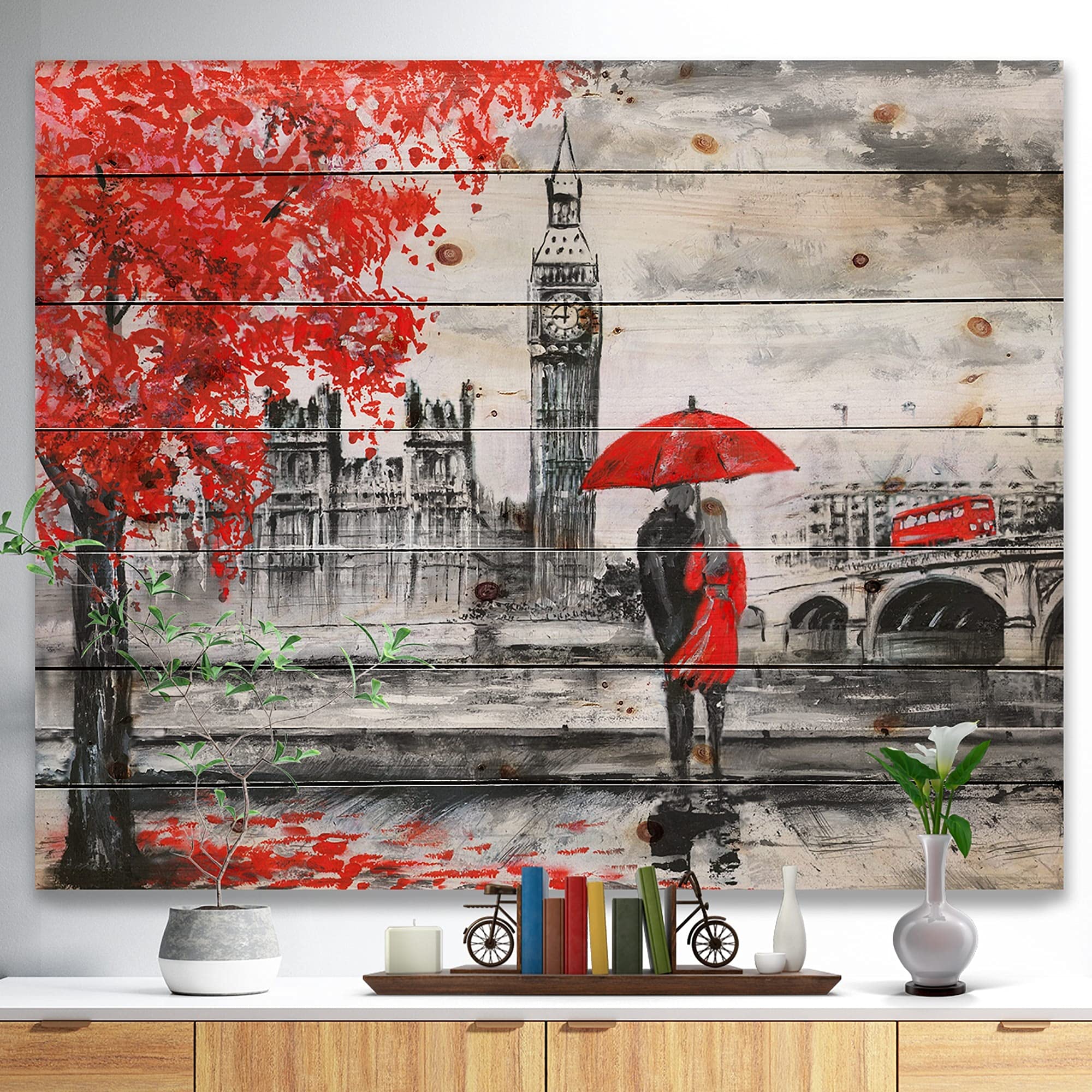 Designart 'Couples Walking in London' Landscape Wall Art Print on Natural Pine Wood - Multi-Color 40x30 Inches - Perfect for Living Room, Bedroom & Office Decor