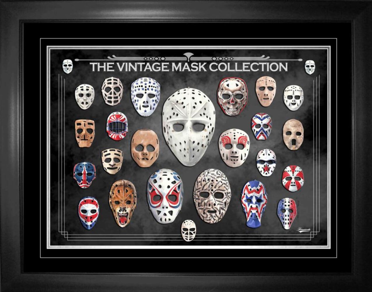 Vintage Hockey Goalie Masks Through the Decades - Framed Wall Art Print for Man Cave, Sports Bar & Hockey Fan Decor