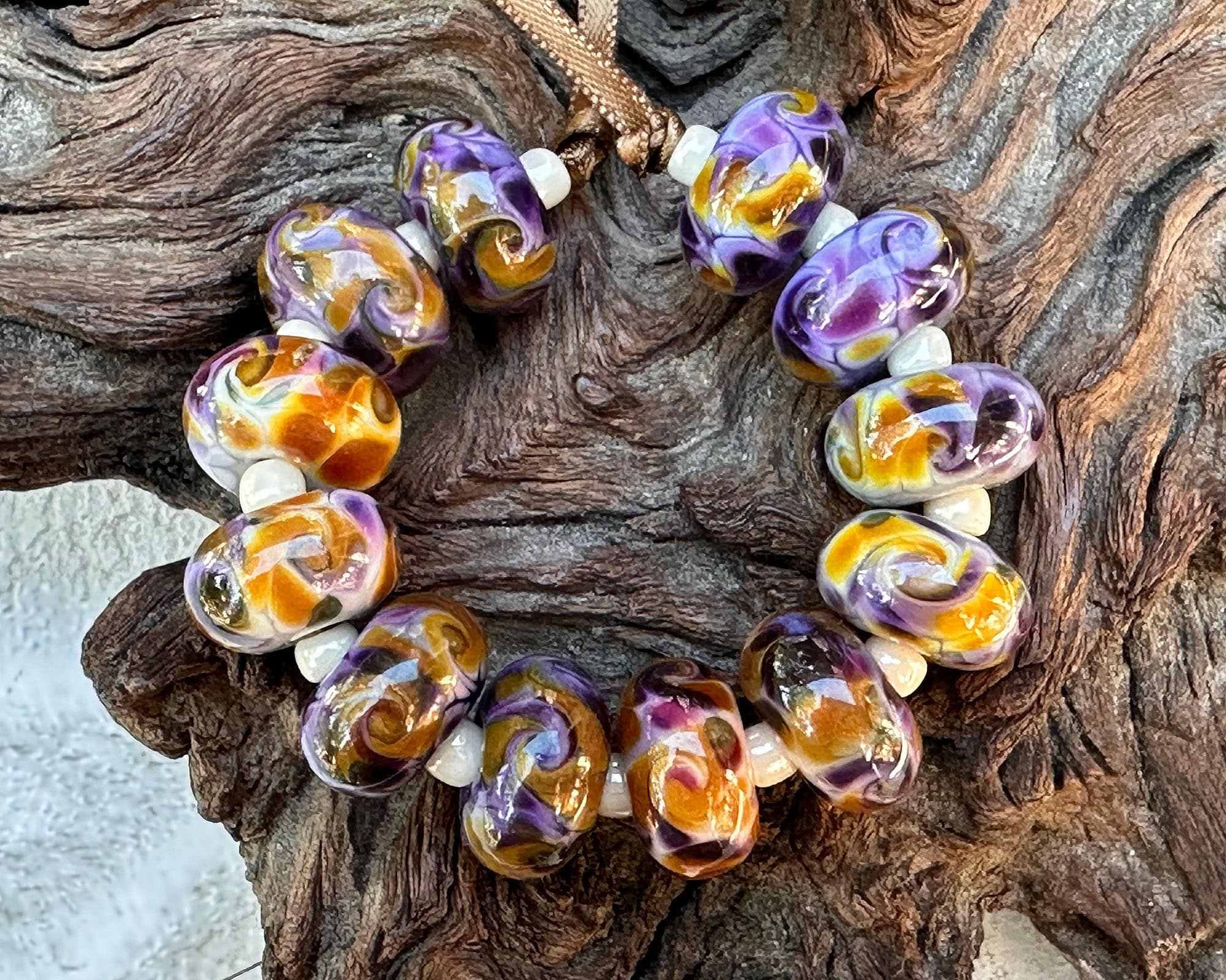11 Purple Amber Swirl Lampwork Glass Beads Set for Jewelry Making - DIY Bracelet, Necklace & Craft Projects (SRA)