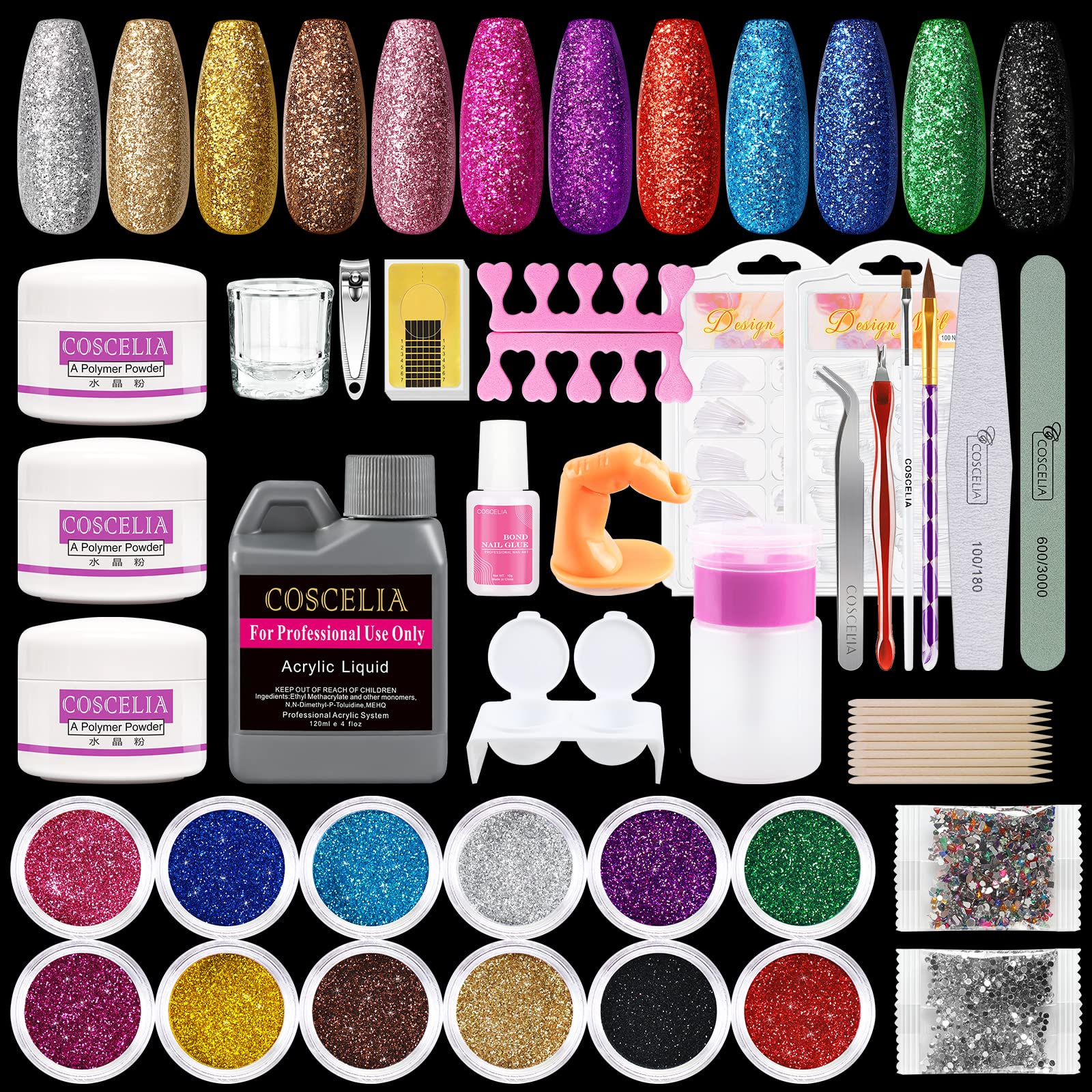 15pcs Acrylic Nail Kit with 120ML Liquid - Complete Starter Set for Beginners | Nail Art Tools & Powders for Salon, Home Manicure & DIY Nail Designs
