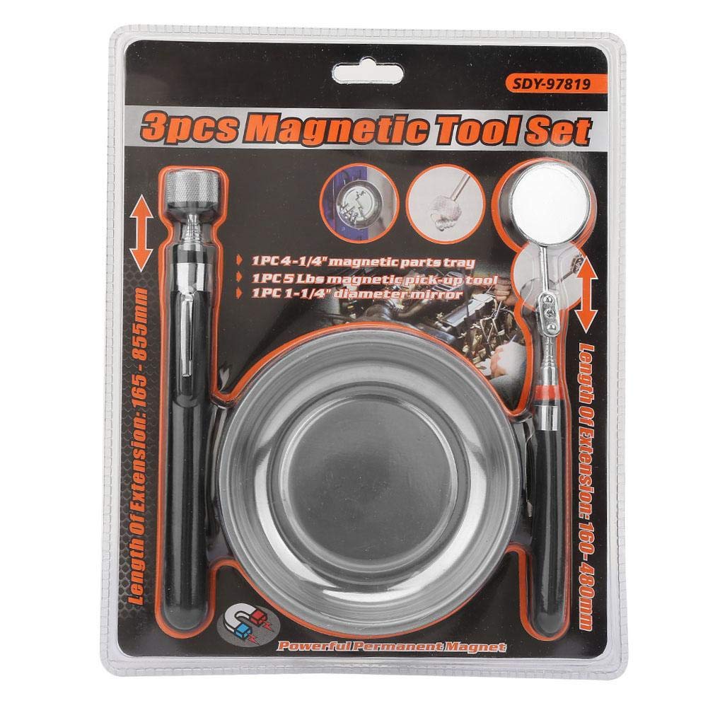 Magnetic Tool Set - 3pc Screw Tray, Telescopic Pickup Tool & Inspection Mirror for Small Iron Parts | Workshop, Garage & DIY Repair Essentials