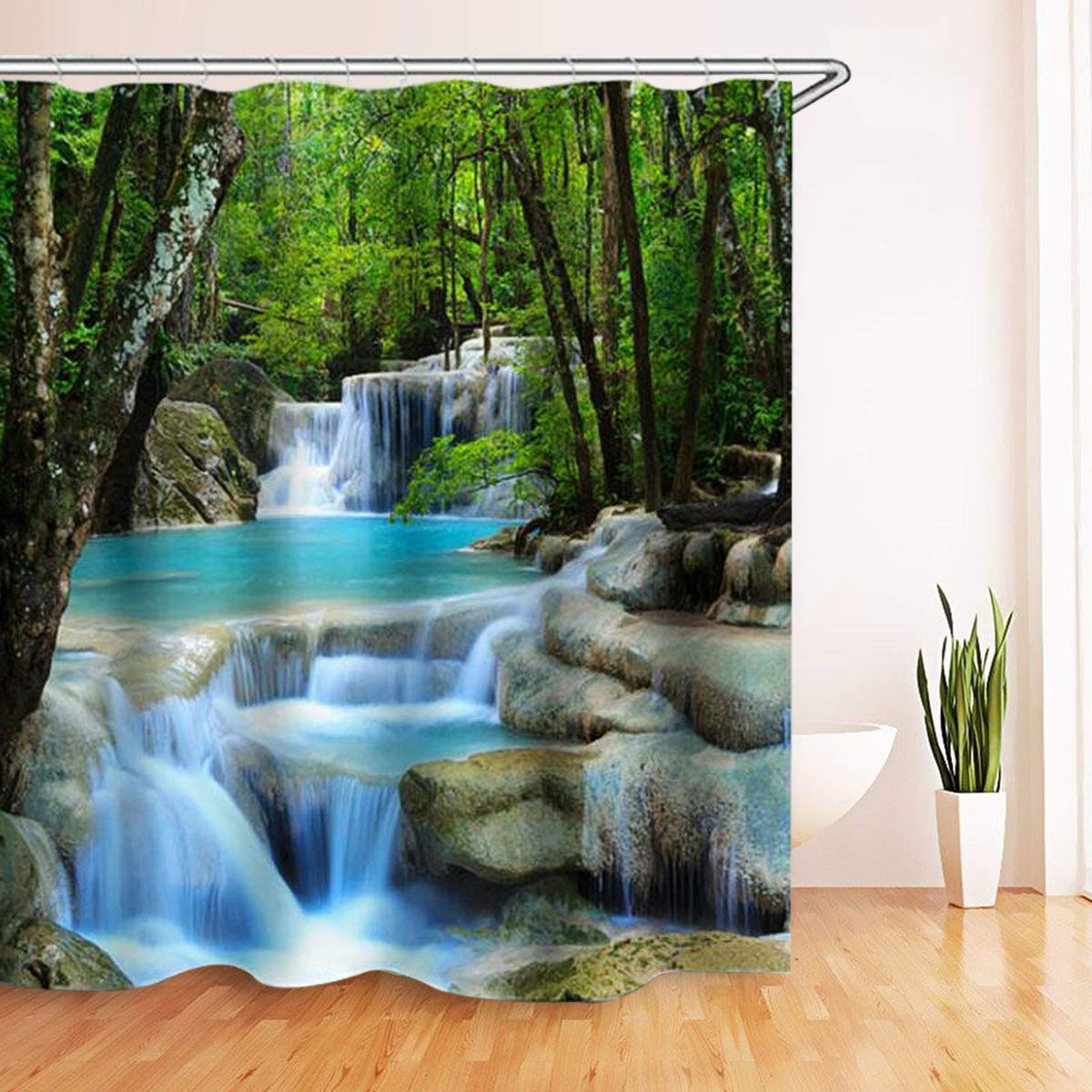 4PCS/Set 3D Waterfall Forest Waterproof Shower Curtain with Hooks - 72