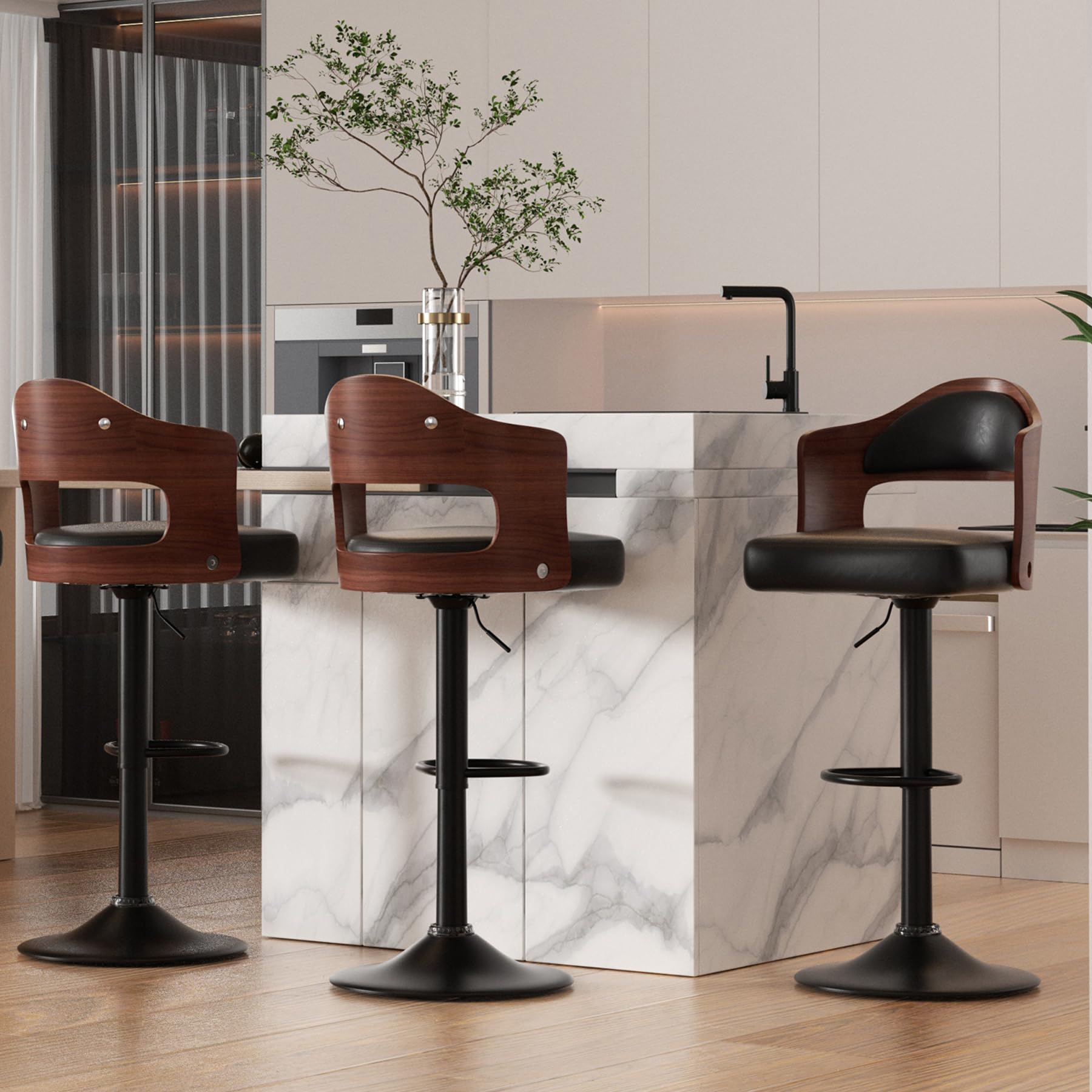 **3-Piece Swivel Bar Stool Set - Adjustable Height 24.5-33.5 Inch, PU Leather Upholstered Wooden Bar Stools with Backrest & Footrest - Perfect for Kitchen Island, Home Bar, Dining Room & Breakfast Nook**