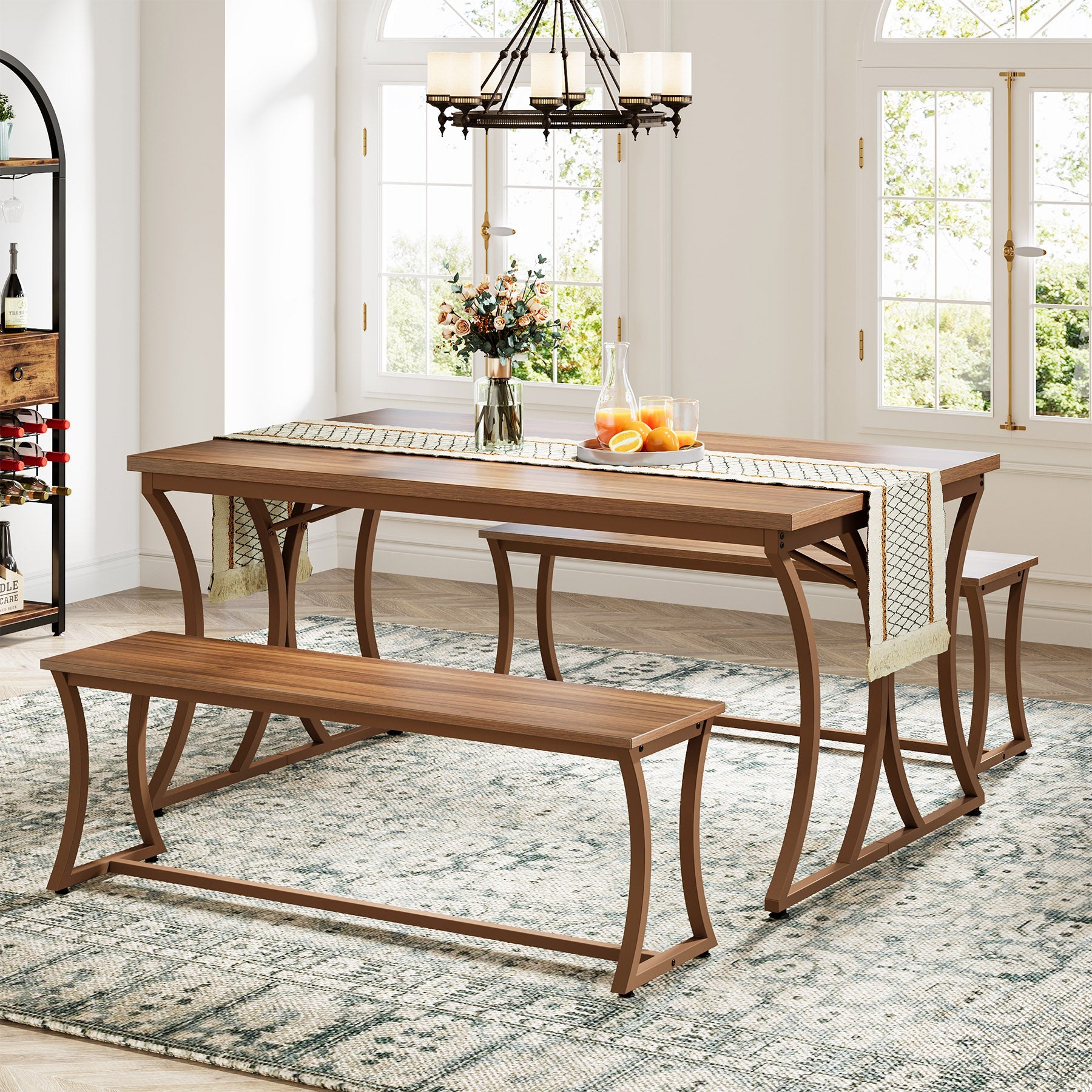 4-Piece 51-Inch Dining Table Set with 2 Benches & Table Runner - Modern Kitchen Furniture for Small Spaces, Perfect for Breakfast Nook, Apartment Dining or Outdoor Patio