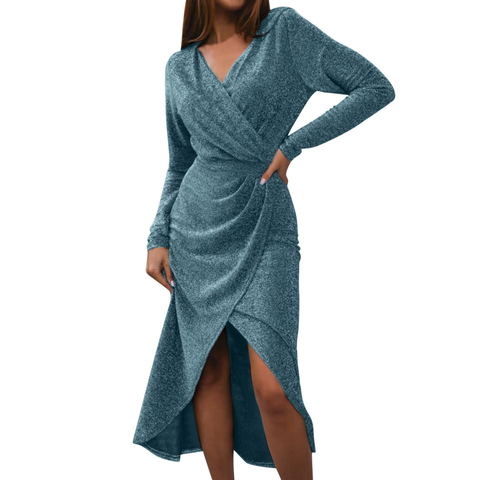 KASAAS Plus Size Women's Long Sleeve A-Line Midi Dress - Elegant Casual & Party Wear for Work, Date Night & Special Occasions