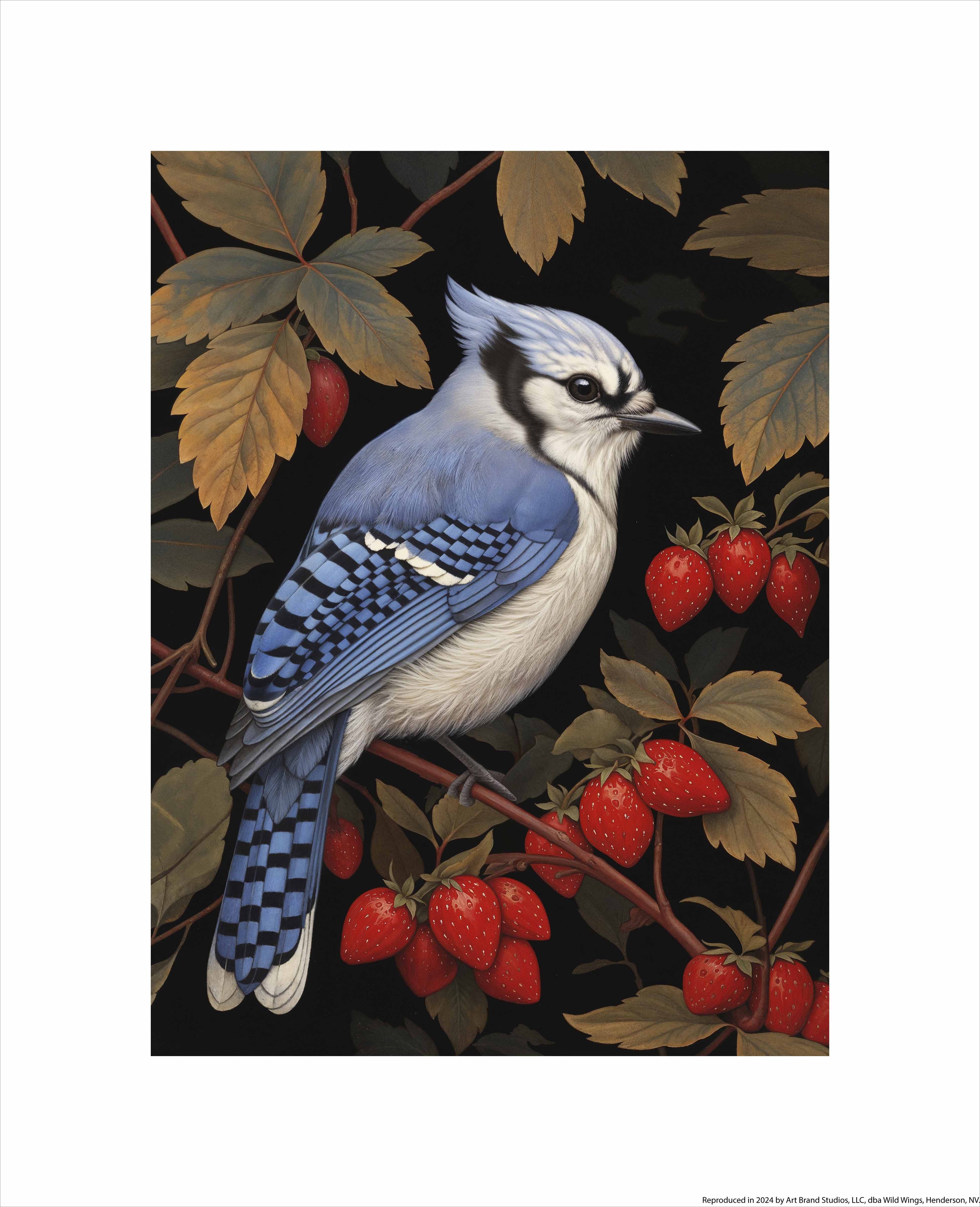 Berry Bliss Blue Jay in Strawberry Patch Art Print - Vibrant Wildlife Wall Decor for Home, Office & Nursery