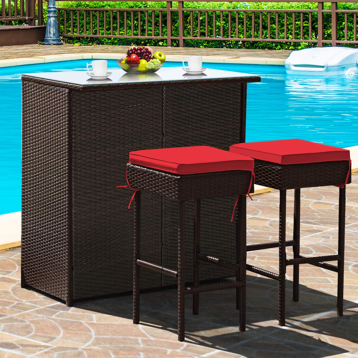 Tangkula 3-Piece Outdoor Patio Bar Set with Rattan Wicker Chairs, Glass Top Table & Cushions - Red - Perfect for Backyard, Garden, Poolside & Porch Relaxation