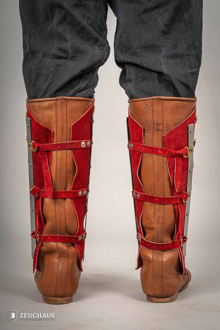 Premium Splinted Suede Leather Greaves - Red Medieval Armor Leg Protection for LARP, Cosplay & Renaissance Faires