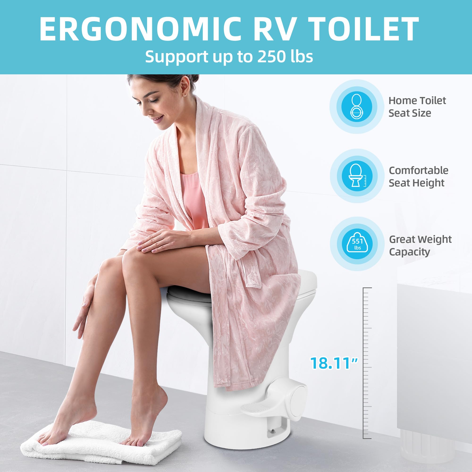 YITAMOTOR RV Toilet with Porcelain Bowl & Pedal Flush - High Profile Gravity Flush Toilet with Hand Sprayer for Motorhome, Caravan & Travel Trailers | Compact & Durable Plastic Toilet for Road Trips & Camping Adventures