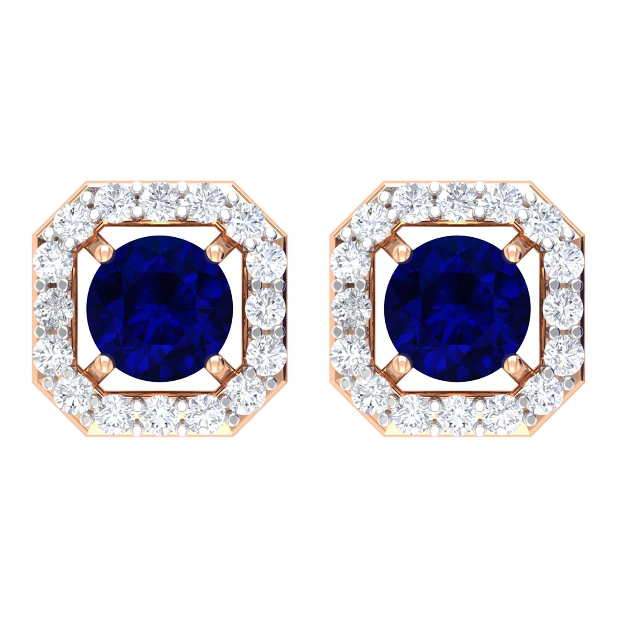 0.50 CT Blue Sapphire Stud Earrings with Diamond Halo - 14K Solid Gold Screw Back September Birthstone Jewelry - Classic Diamond & Sapphire Earrings for Women - Perfect Gift for Anniversary, Birthday & Special Occasions