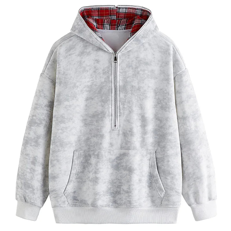 Men's Faux Two-Piece Hoodie - Distressed Plaid Round Neck Thick Casual Pullover Sweatshirt for Winter | Streetwear, Loungewear & Outdoor Activities