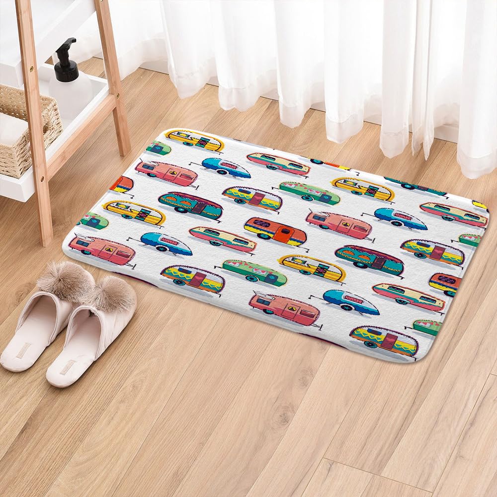 JAWO Happy Camper Bath Mat - Non-Slip RV Camping Bathroom Rug, Retro Style Doormat for Trailer, Front Door, Kitchen & Bedroom - Perfect for Camping Trips & Cozy Home Decor