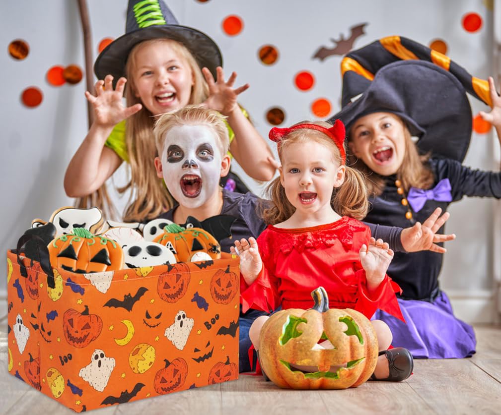 Halloween Basket for Kids - Cute Pumpkin-Shaped Rectangular Toy Storage Bin & Organizer Box - Perfect for Halloween Party Decor, Trick-or-Treating & Room Organization (Yellow)