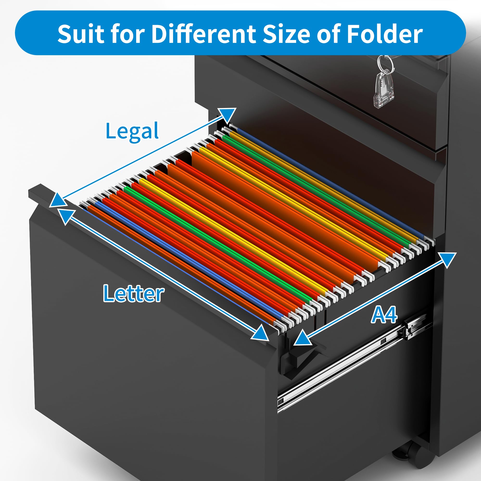 3 Drawer Mobile File Cabinet - Black Metal Under Desk Filing Cabinet with Wheels & Lock, Slim Vertical Office Organizer for Home & Business, Fully Assembled, Fits Letter/Legal/A4 Folders - Perfect for Small Spaces & Clutter-Free Workspaces - Ideal for Home Offices, Workstations & Compact Work Areas - Great for Document Storage, Office Organization & Space-Saving Solutions
