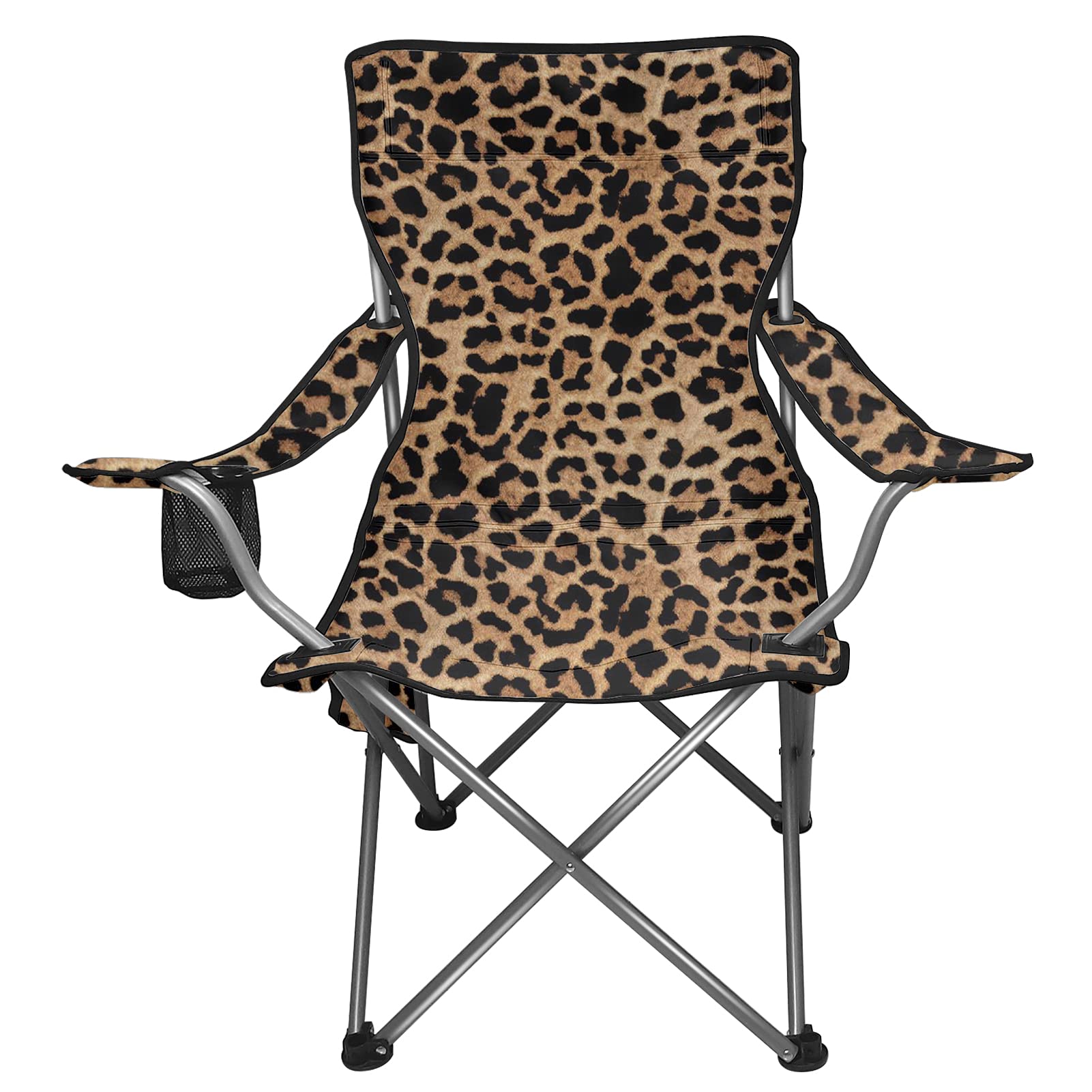 FOR U DESIGNS Lightweight Folding Camping Chair for Adults - Oversized Portable Outdoor Chair with Cup Holder & Side Pocket, Breathable Wear-Resistant Brown Leopard Print Design - Perfect for Camping, Beach, Picnics, Backyard & Outdoor Events