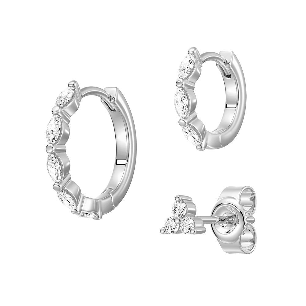 Triple Stack Lab Diamond Earrings Set - Geometric Marquise Studs & Hoops for Women | Perfect for Weddings, Parties & Everyday Elegance