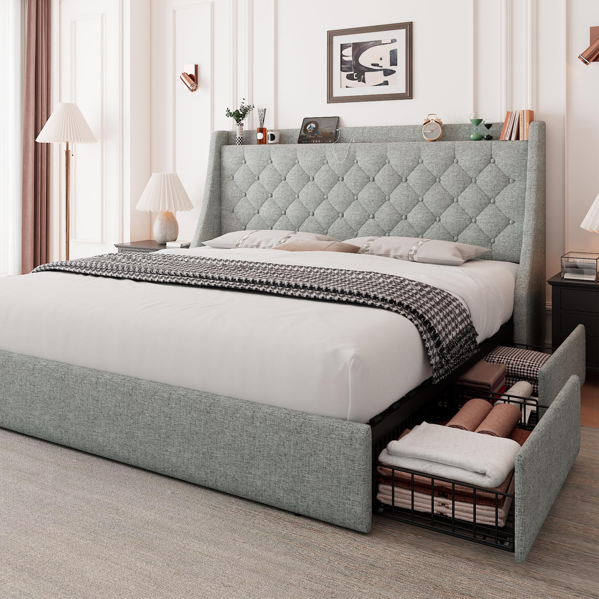 Feonase Queen Size Upholstered Storage Bed Frame with 4 Drawers & USB Charging Station - Tufted Wingback Headboard, No Box Spring Needed, Light Grey (FEO737) - Perfect for Small Bedrooms, Guest Rooms & Modern Apartments