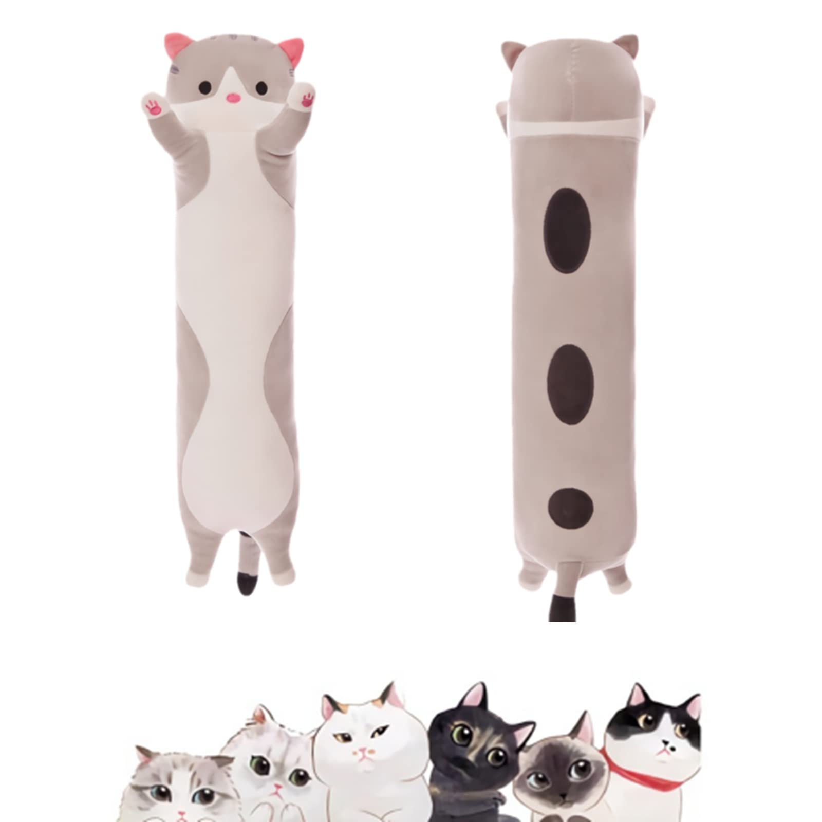 Cute Plush Cartoon Cat Long Throw Pillow - Super Soft Stuffed Cat Pillow for Kids & Adults - 59 Inch Gray Decorative Pillow for Bed, Sofa, Nursery & Home Decor - Perfect Gift for Cat Lovers