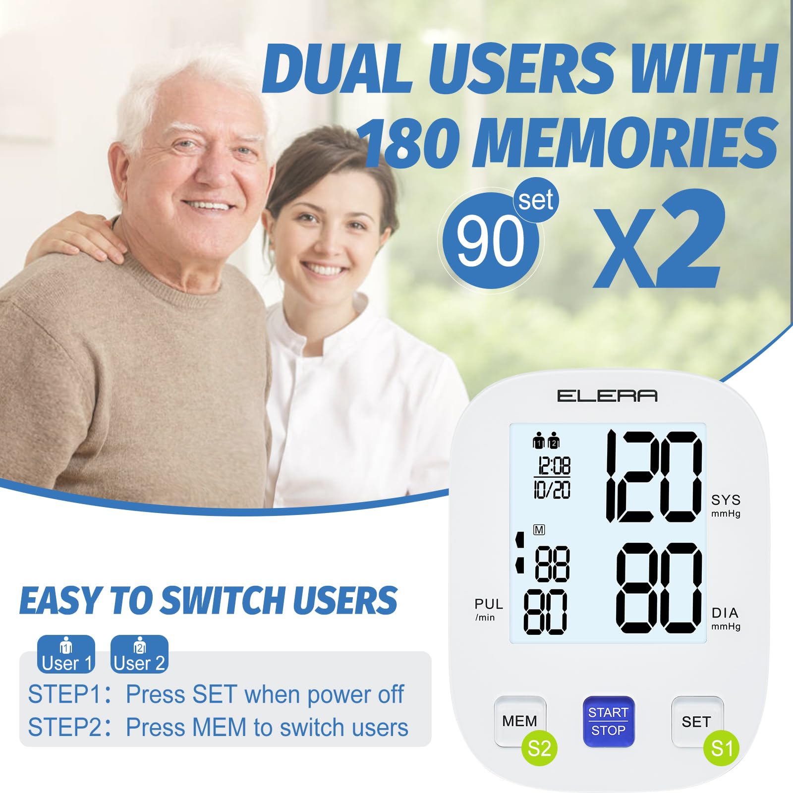 Elera Digital Automatic Upper Arm Blood Pressure Monitor with Extra Large Cuff (32-52cm) & Standard Cuff (22-36cm) - Accurate Home Use for Adults, Seniors, and Family Health Tracking