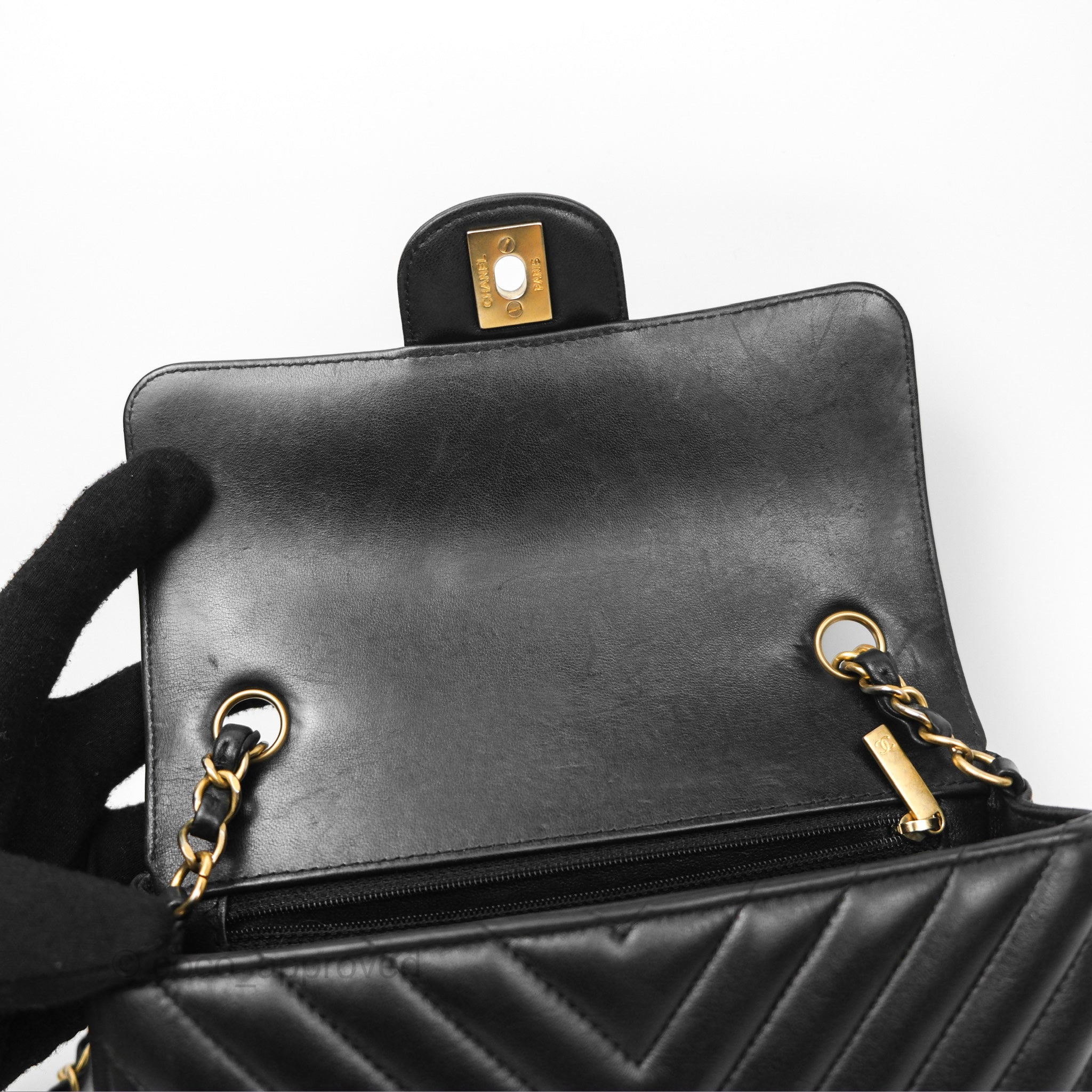Chanel Chevron Mini Rectangular Bag - Black Lambskin Leather with Aged Gold Hardware | Luxury Crossbody Purse for Women, Perfect for Evening Events & Date Nights