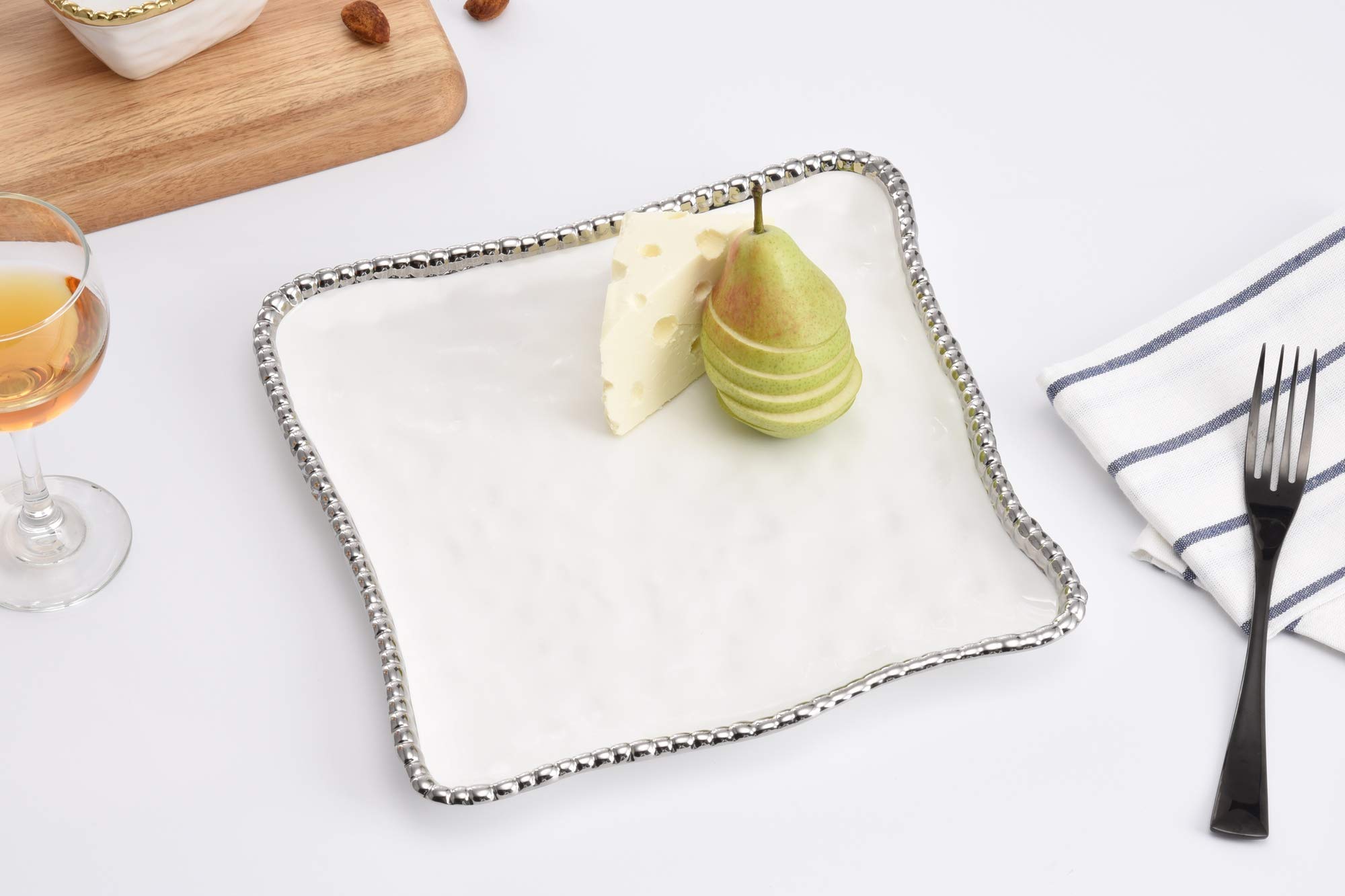 Pampa Bay Salerno 11-inch Square Titanium-Plated Ceramic Platter Tray - White & Silver Porcelain Serving Dish - Oven Safe Holiday Party Appetizer Plate for Christmas, Thanksgiving & Entertaining