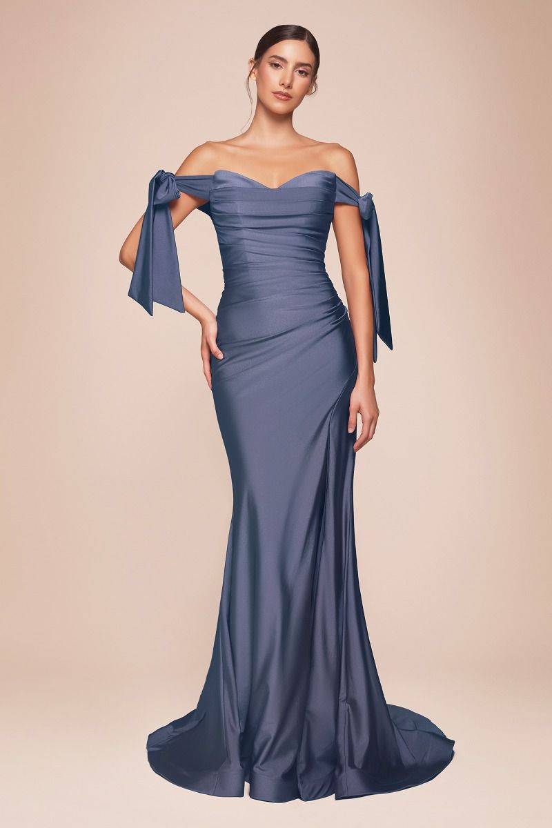Elegant Smoky Blue Off-Shoulder Stretch Spandex Satin Evening Gown with Ties - Perfect for Prom, Cocktail Parties & Formal Events